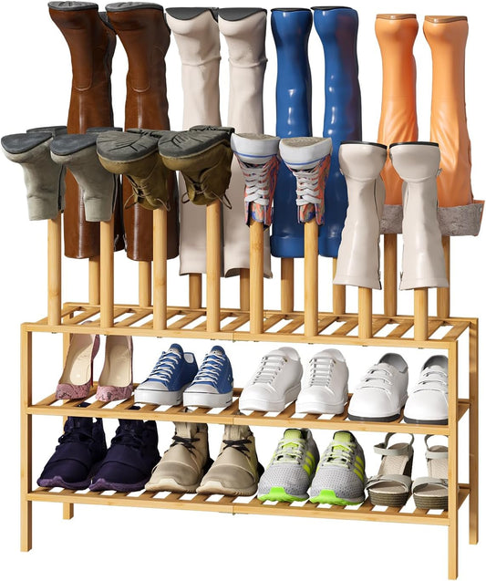 Boot Rack with Shoe Rack, Long Boot Rack Organizer Tall Boots for Closet, Bamboo Wood Shoe Shelf Storage Organizer for Entryway Small Space