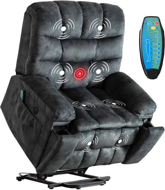 Phoenix Home Large Power Lift Recliner with Massage and Heat for Elderly, Heavy Duty & Safety Motion Reclining Mechanism, Ergonomic Electric Wider Chair with USB Port, 2 Hidden Cup Holders, Gray Green