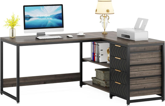 LITTLE TREE 59-Inch L Shaped Desk with Drawers, Large Computer Desk with Storage Shelves, Reversible L-Shaped Corner Desk Workstation for Home Office