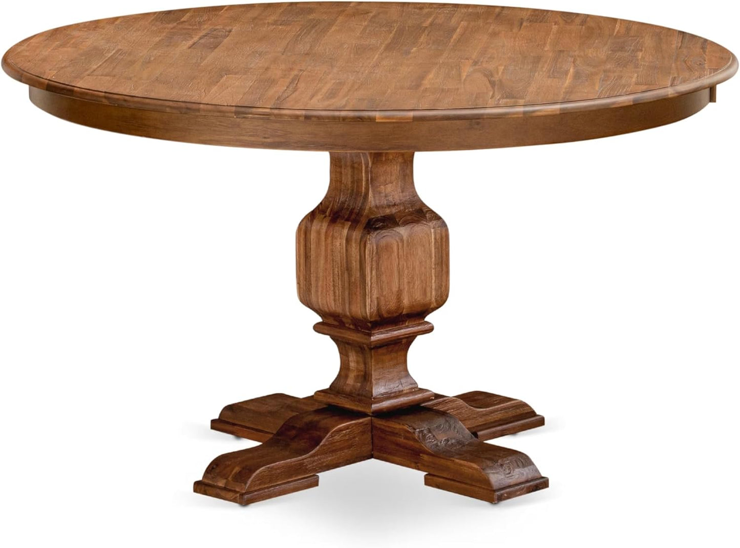 F3SI7-50N-04 7-Pc Kitchen Table Set consists of a Pedestal Table and 6 Light Tan Polyester Padded Chairs with Button Tufted- Antique Walnut