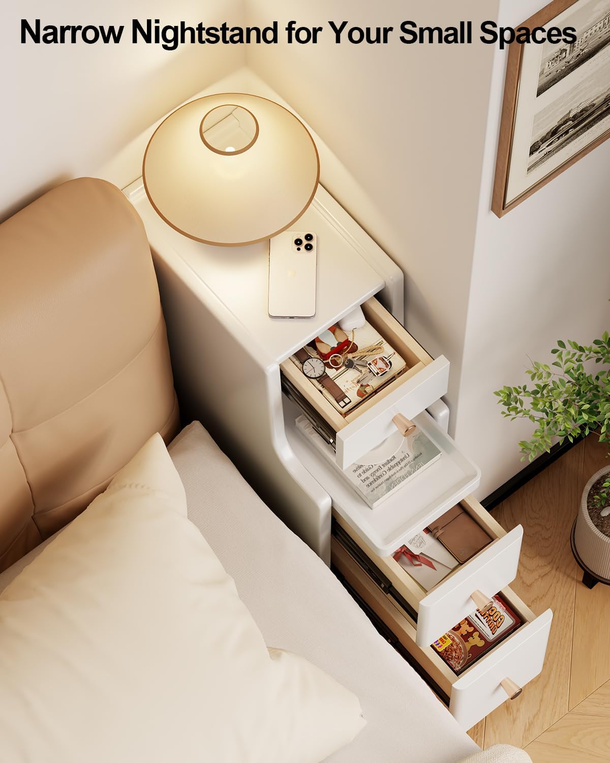 Narrow Nightstand with 3 Drawers,Solid Wood Small Nightstand White, Modern Small Bedside Tables for Bedroom(Fully Assembly)