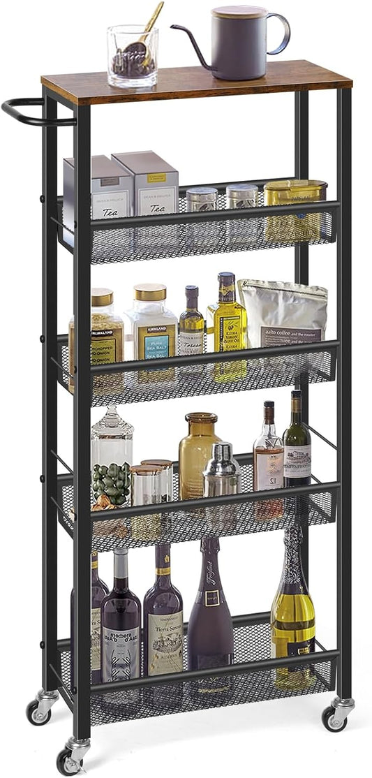 MOOACE Slim Storage Cart, 5 Tier Kitchen Rolling Carts with Wheels, Metal Narrow Cart Utility Cart Mobile Shelving Unit for Bathroom Organizer Kitchen Office Laundry Room, Brown