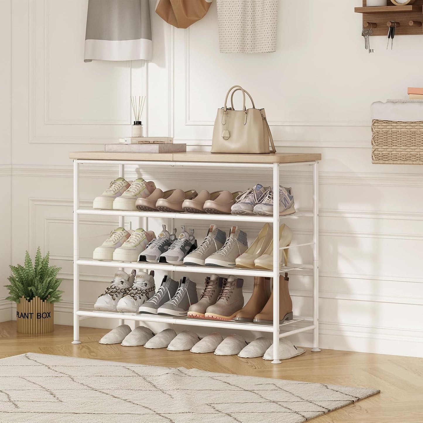Shoe Rack Organizer 4 Tier for Closet Entryway Free Standing Metal Storage Shoe Shelf with MDF Top Board，White+Oak