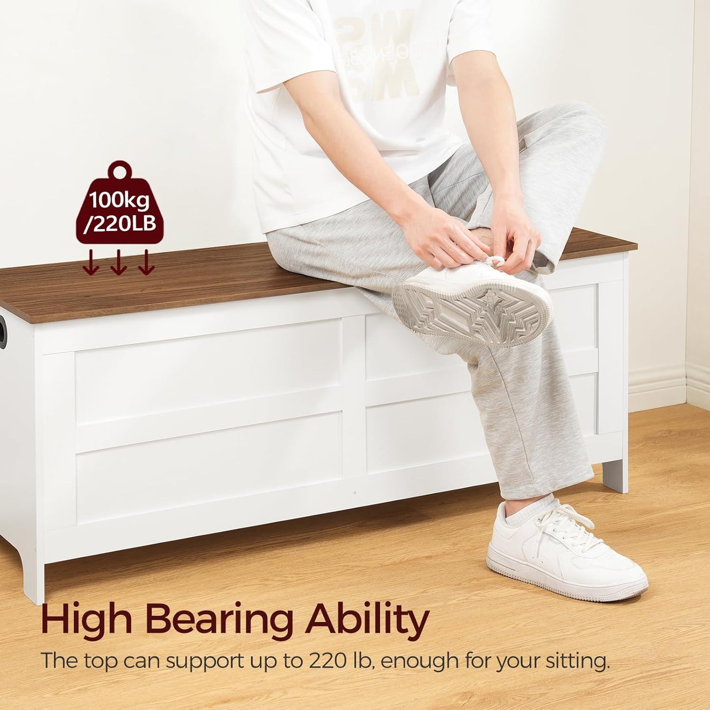 Storage Chest, 47.2” Large Toy Chest, Entryway Storage Trunk, Storage Bench with Safety Hinge, Entrance Bench for Living Room, Entrance, Bedroom, White+Walnut SCBZ48901