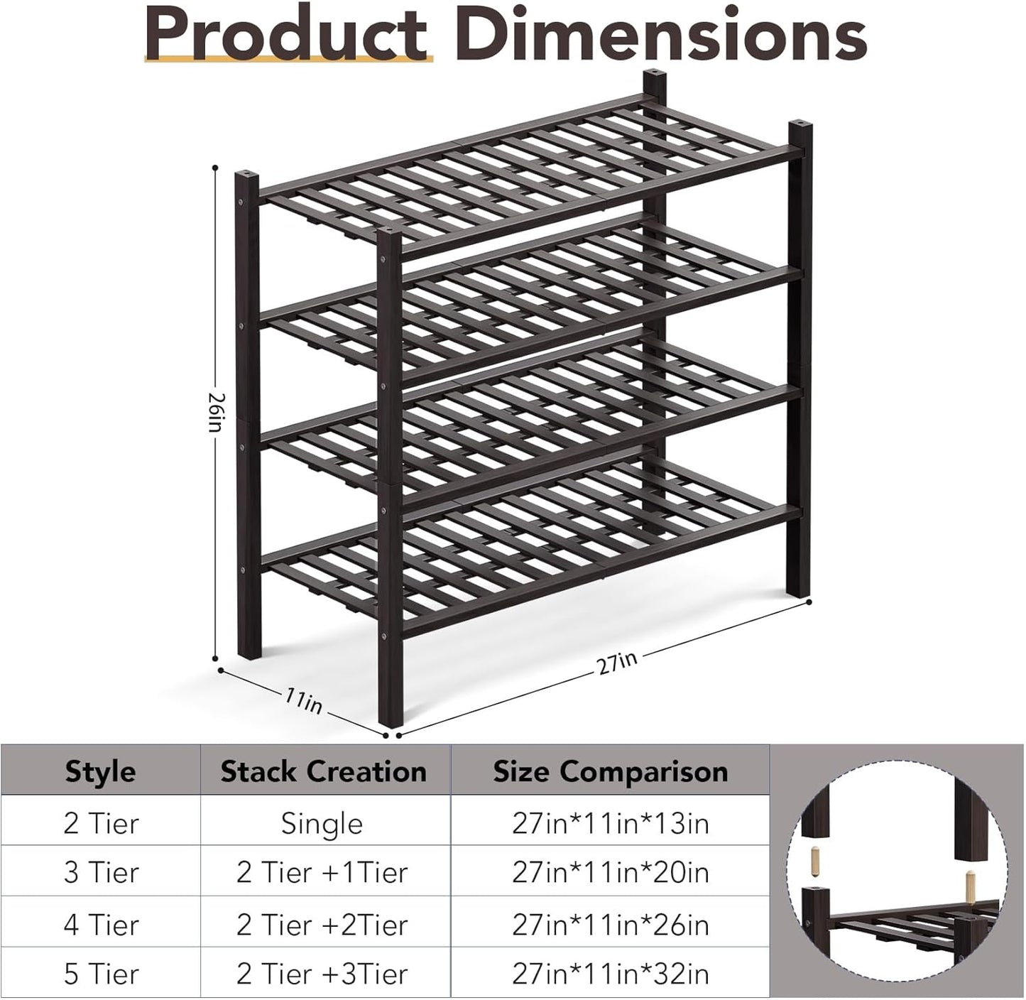 Haddockway 4 Tier Bamboo Shoe Rack Storage Organizer, Multifunctional Free Standing Stackable Shoe Shelf with Grid Panel for Closet,Hallway,Entryway,Small Space 27"x11"x26"(Brown, 4 Tier)