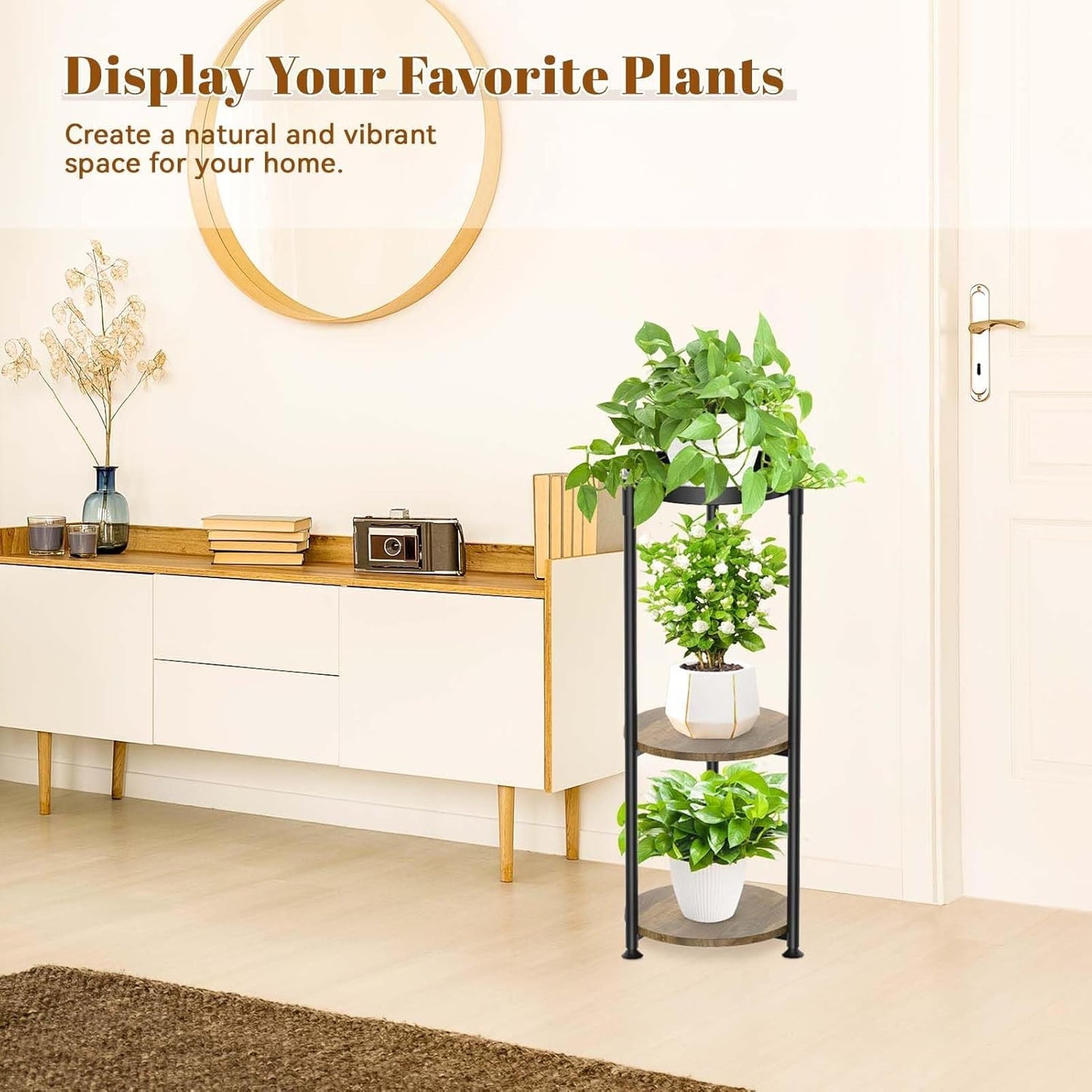 KMOTASUO 3 Tier Black Plant Stand Indoor for Large Tall Heavy Duty Planter, Multiple Sturdy Metal Flower Corner Rack for Narrow House Floor, Iron Vertical Level Round Orchi Holder Organizer, Modern