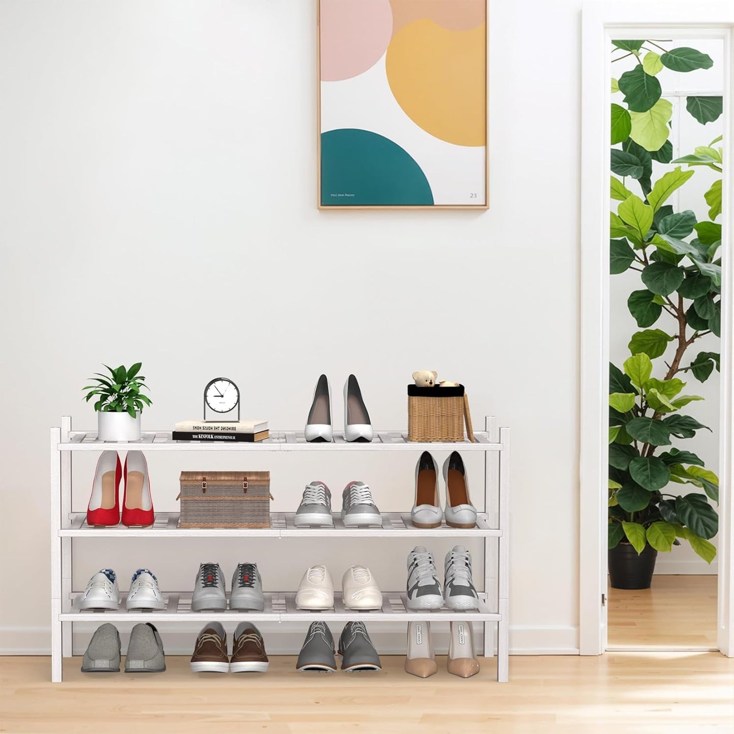 Haddockway Long 3 Tier Bamboo Shoe Rack Storage Organizer, Multifunctional Free Standing Stackable Shoe Shelf with Grid Panel for Closet,Hallway,Entryway,Small Space 34.2"x11"x20"(White, 3-Tier(Long))