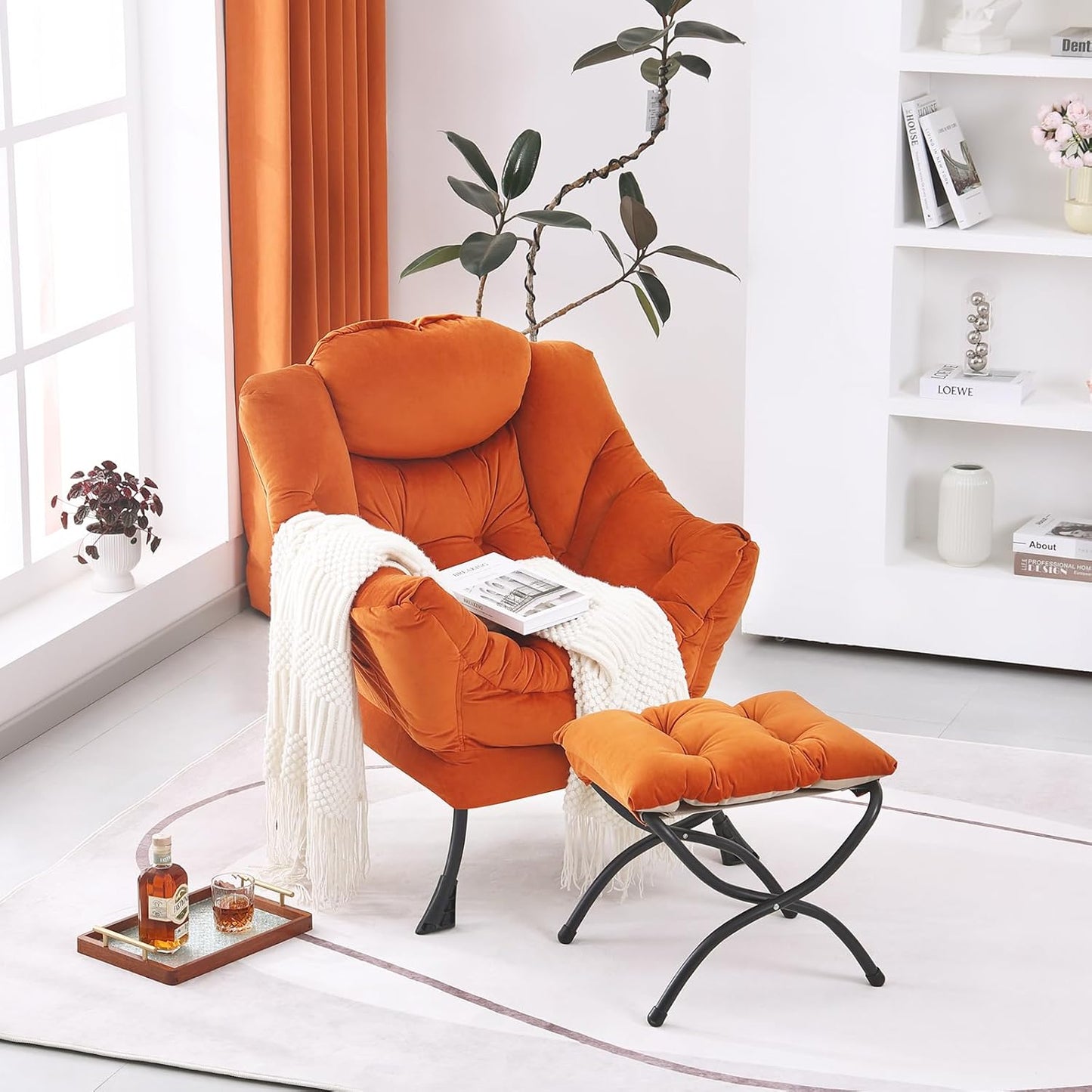 Lazy Chair with Ottoman, Modern Accent Chair Contemporary Lounge Leisure Sofa Chair with Armrests, Reading Chair and Folding Footstool Set for Living Room, Bedroom, Orange