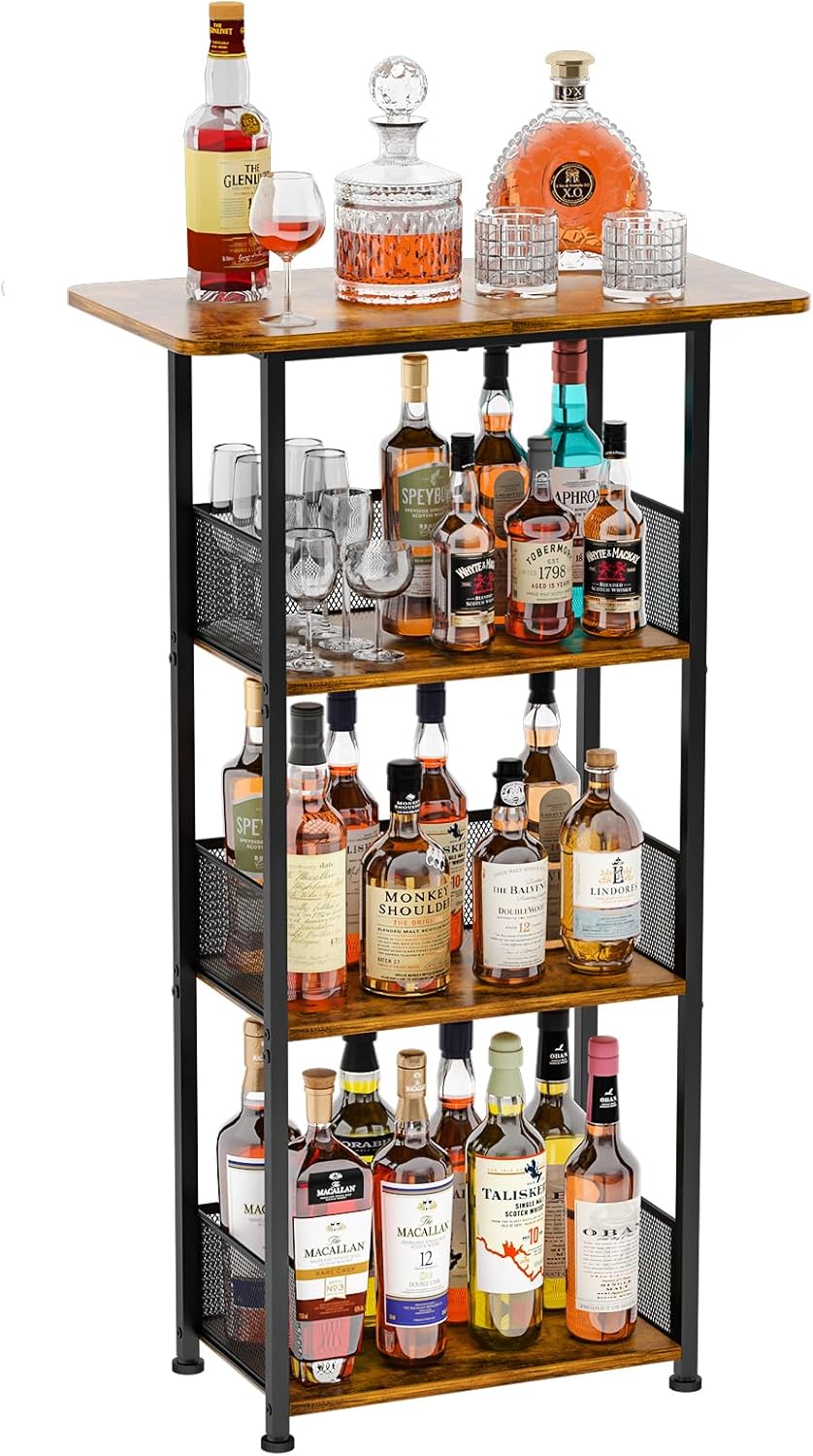 Wine Rack Freestanding Floor:4 Tier Whiskey Wine Rack Mini Bar Cart,Liquor Cabinet-Home Bar for Bottles,Cocktail Shaker,Mugs-(23.6 * 11.8 * 40inch)