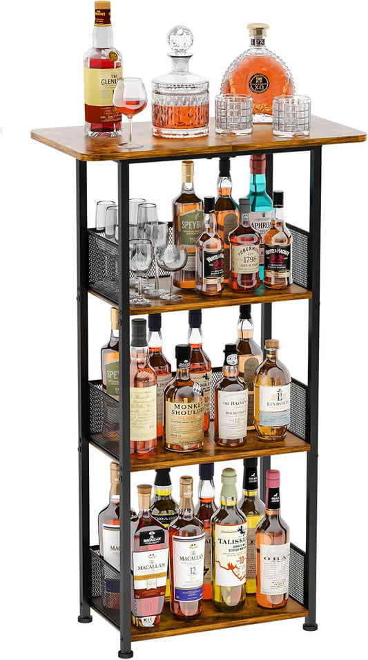 Wine Rack Freestanding Floor:4 Tier Whiskey Wine Rack Mini Bar Cart,Liquor Cabinet-Home Bar for Bottles,Cocktail Shaker,Mugs-(23.6 * 11.8 * 40inch)
