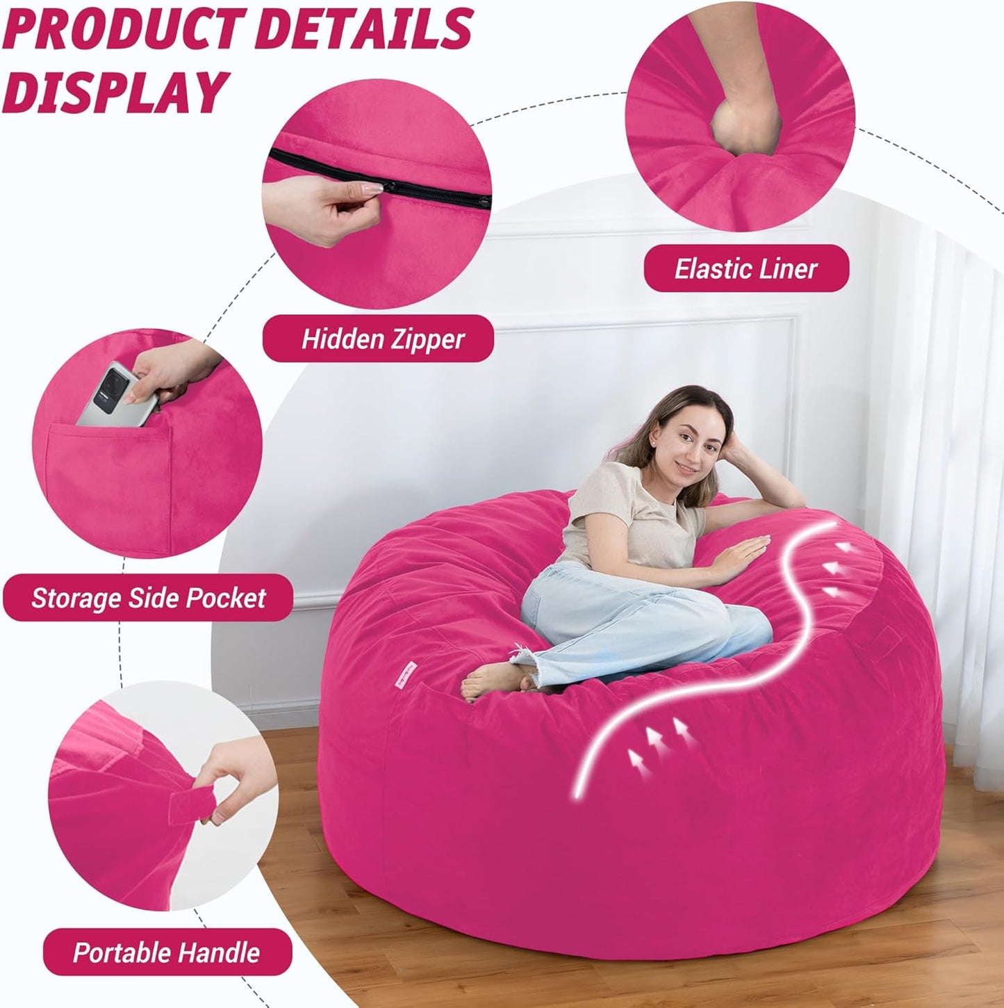 5FT Bean Bag Chair with Ultra Soft Velvet Cover Bean Bag Sofa with Memory Foam Bean Bag Chairs with Large Size Lazy Sofa for Dorm Office Living Room Bedroom Hot Pink 5'