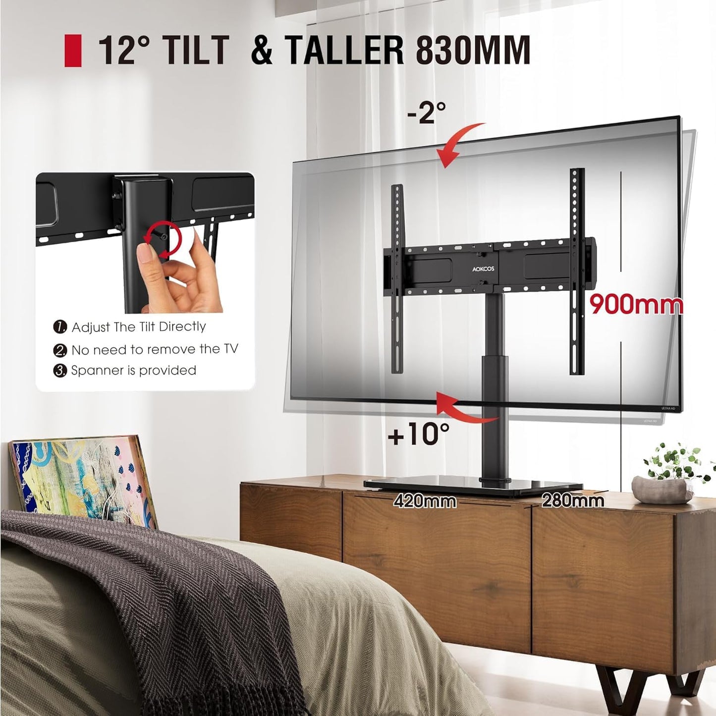 Swivel Universal TV Stand for 32-75 inch TVs with Tilt Down/Up, 8 Levels Height Adjustable Table Top TV Mount Stand with Stable Heavy Duty Tempered Glass Base, MAX VESA 600x400 mm, up to 99lbs, Black