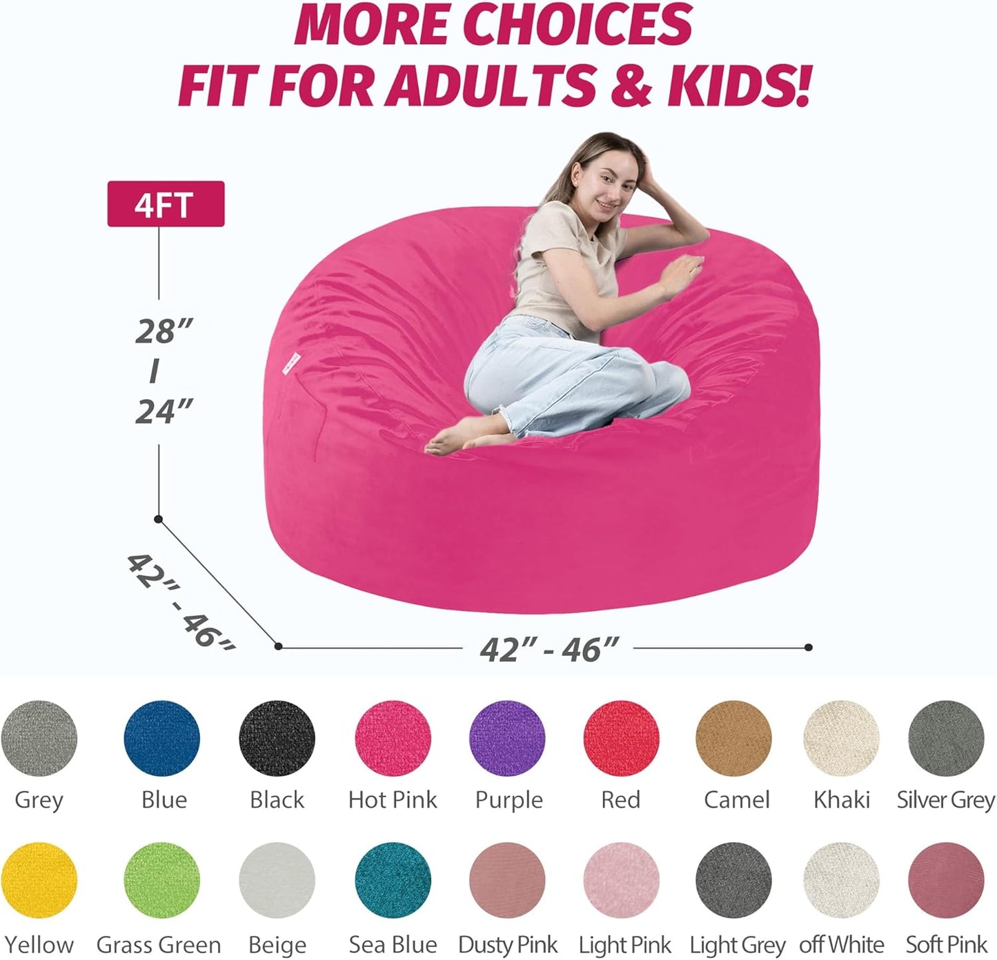 4FT Bean Bag Chair with Ultra Soft Velvet Cover Bean Bag Sofa with Memory Foam Bean Bag Chairs with Large Size Lazy Sofa for Dorm Office Living Room Bedroom Hot Pink 4'