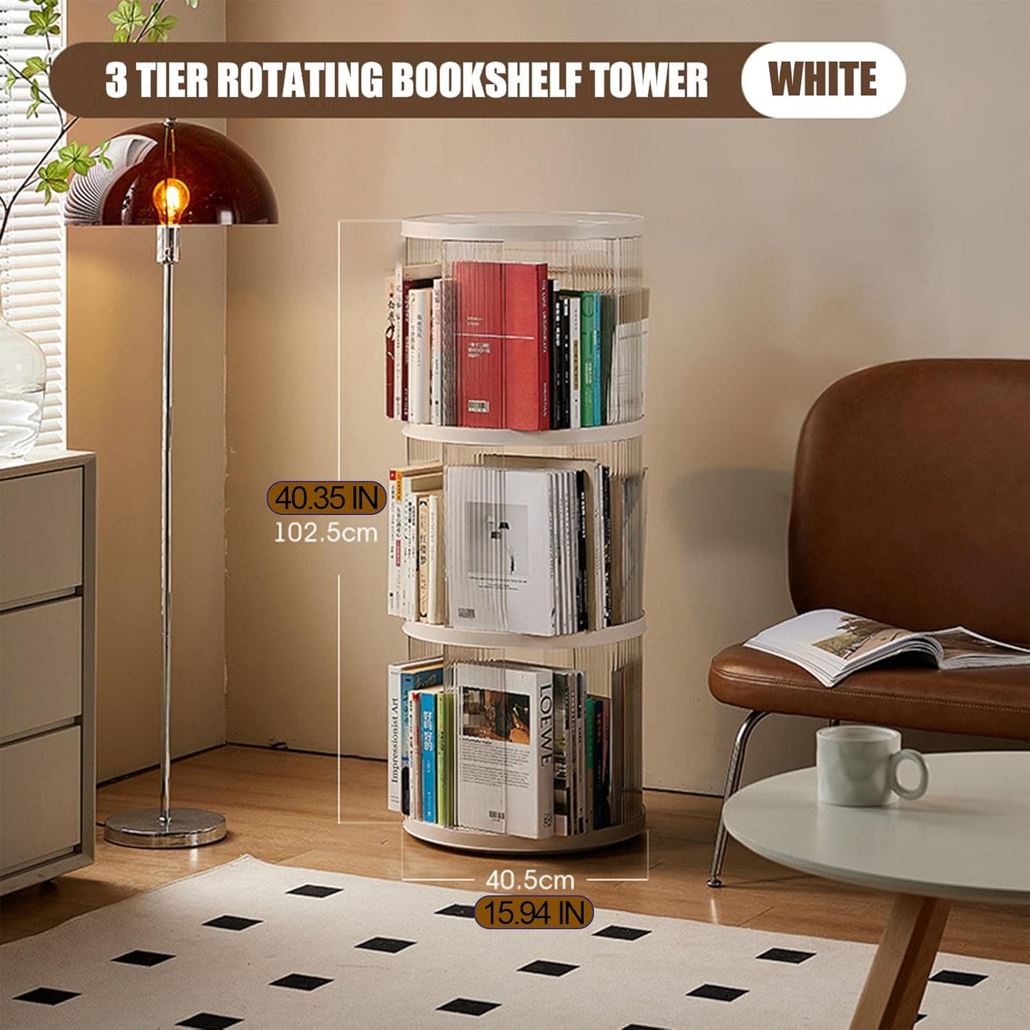 3 Tier Rotating Bookshelf Spinning Bookshelf Tower Swivel Bookcase Round Book Shelf for Small Space Revolving Bookcase for Playroom Bedroom Living Room