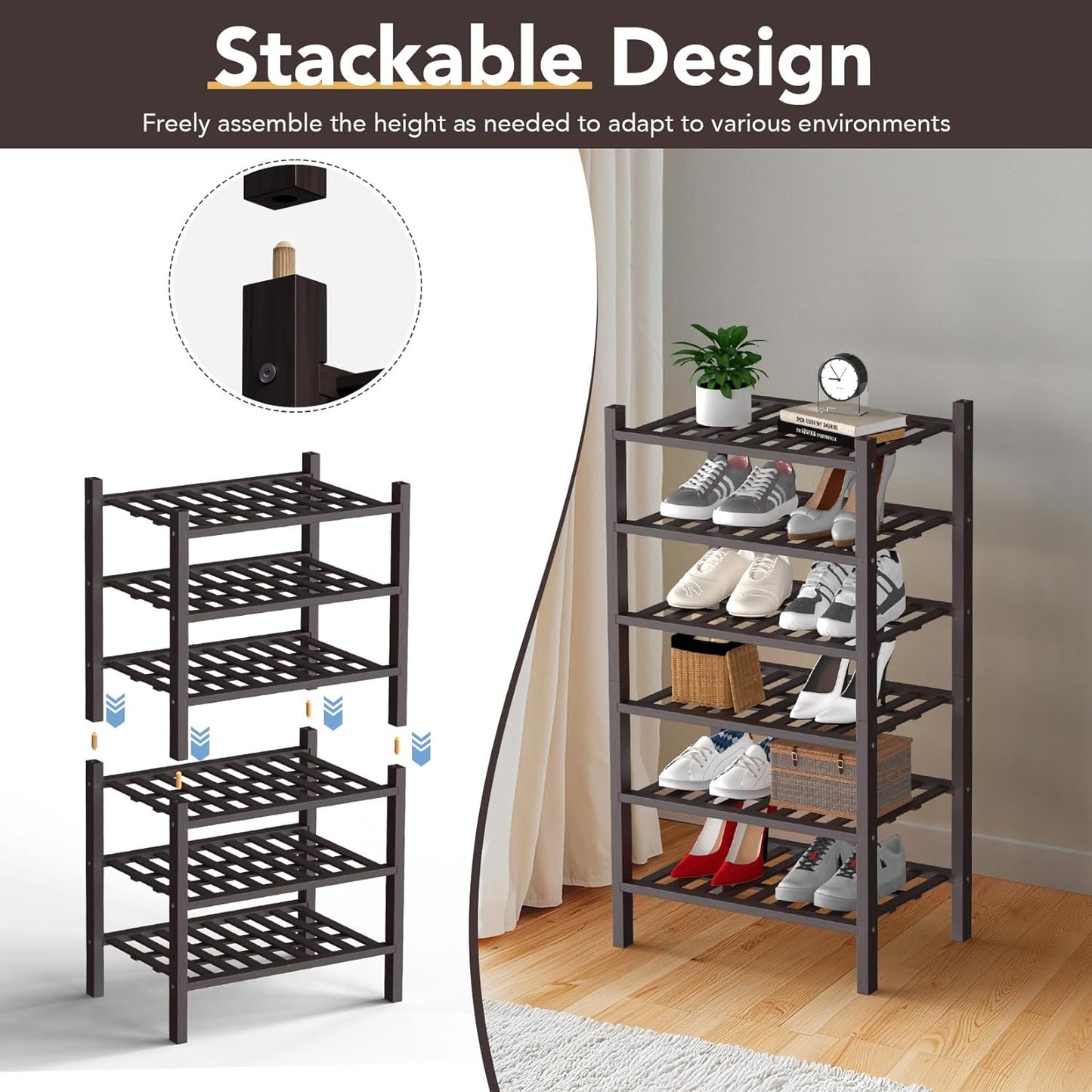 Haddockway small 6 Tier Bamboo Shoe Rack Storage Organizer, Multifunctional Free Standing Stackable Shoe Shelf with Grid Panel for Closet,Hallway,Entryway,Small Space 18"x11"x34"(Brown, 6-Tier(Small))