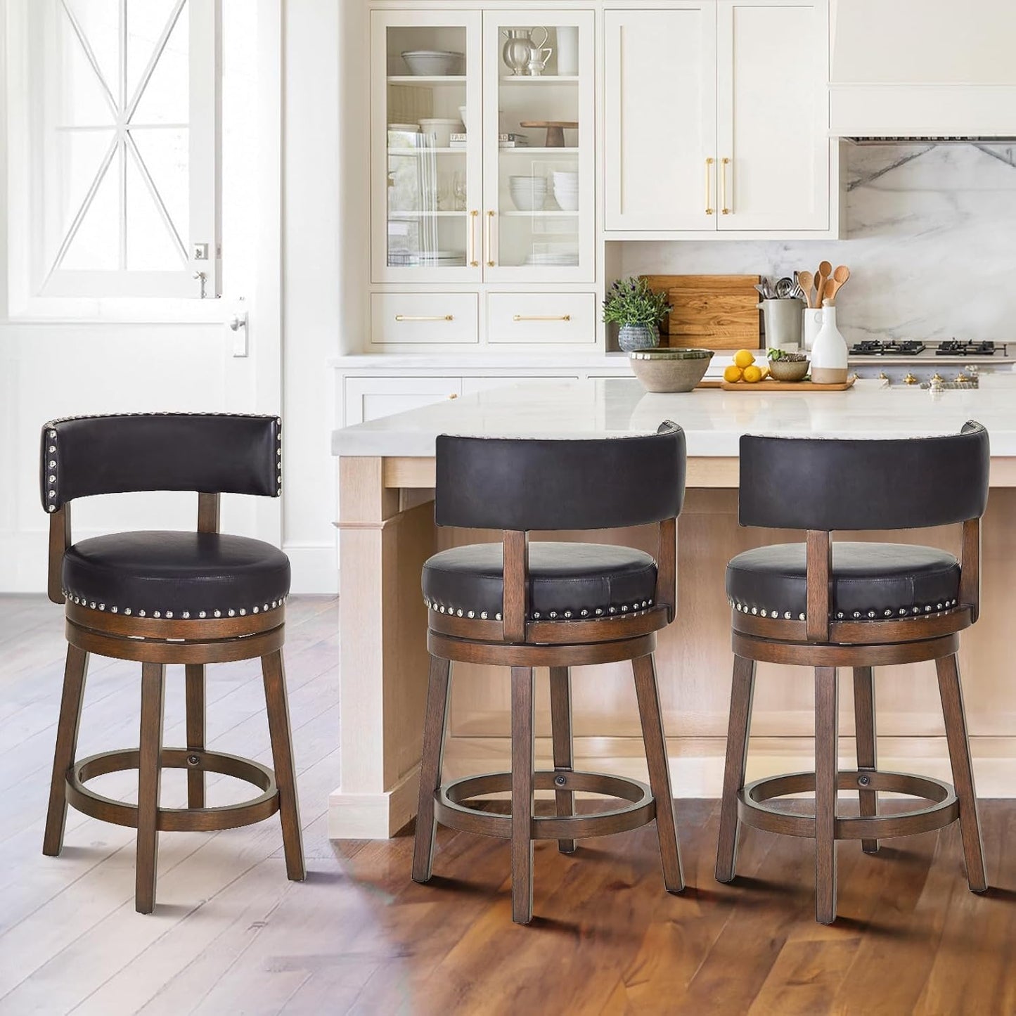 COLAMY Swivel Bar Stools Set of 3, Swivel Counter Height Barstools with Back, 25 Inch Modern Upholstered Bar Stools for Kitchen Island Dining Room Bar, Dark Brown