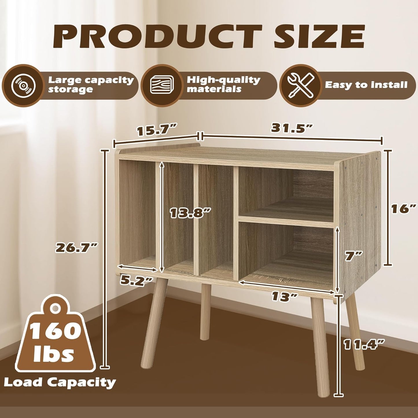 Record Player Stand with Vinyl Storage, Wooden Record Player Table with 5 Cabinet, Large Vinyl Record Player Stand, Record Player Holder, Record Player Shelf for Office Living Room, White Oak