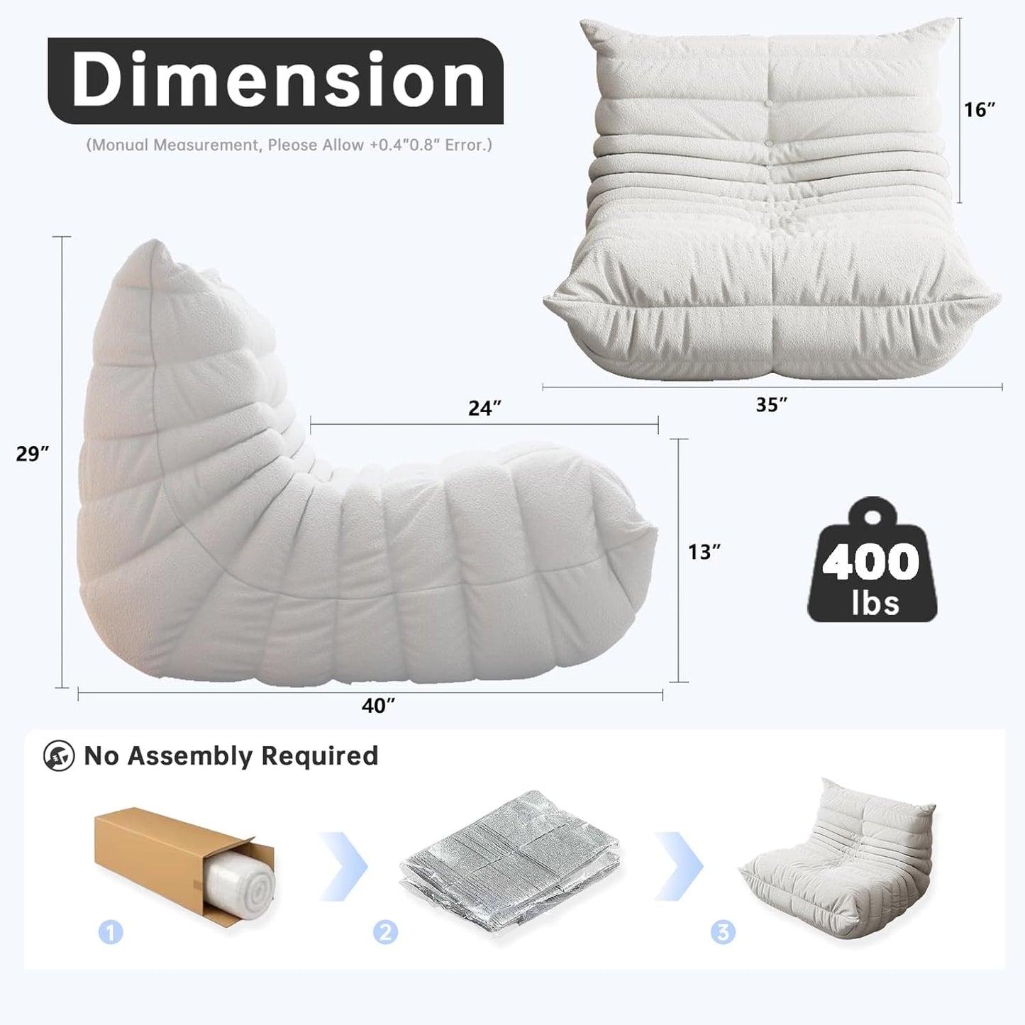 Bean Bag Chairs for Adults, BeanBag Reading Chair Memory Foam Couch, Floor Chair Soft Teddy Material, Comfy Reading Nook Chairs for Bedroom Living Room Office (White)