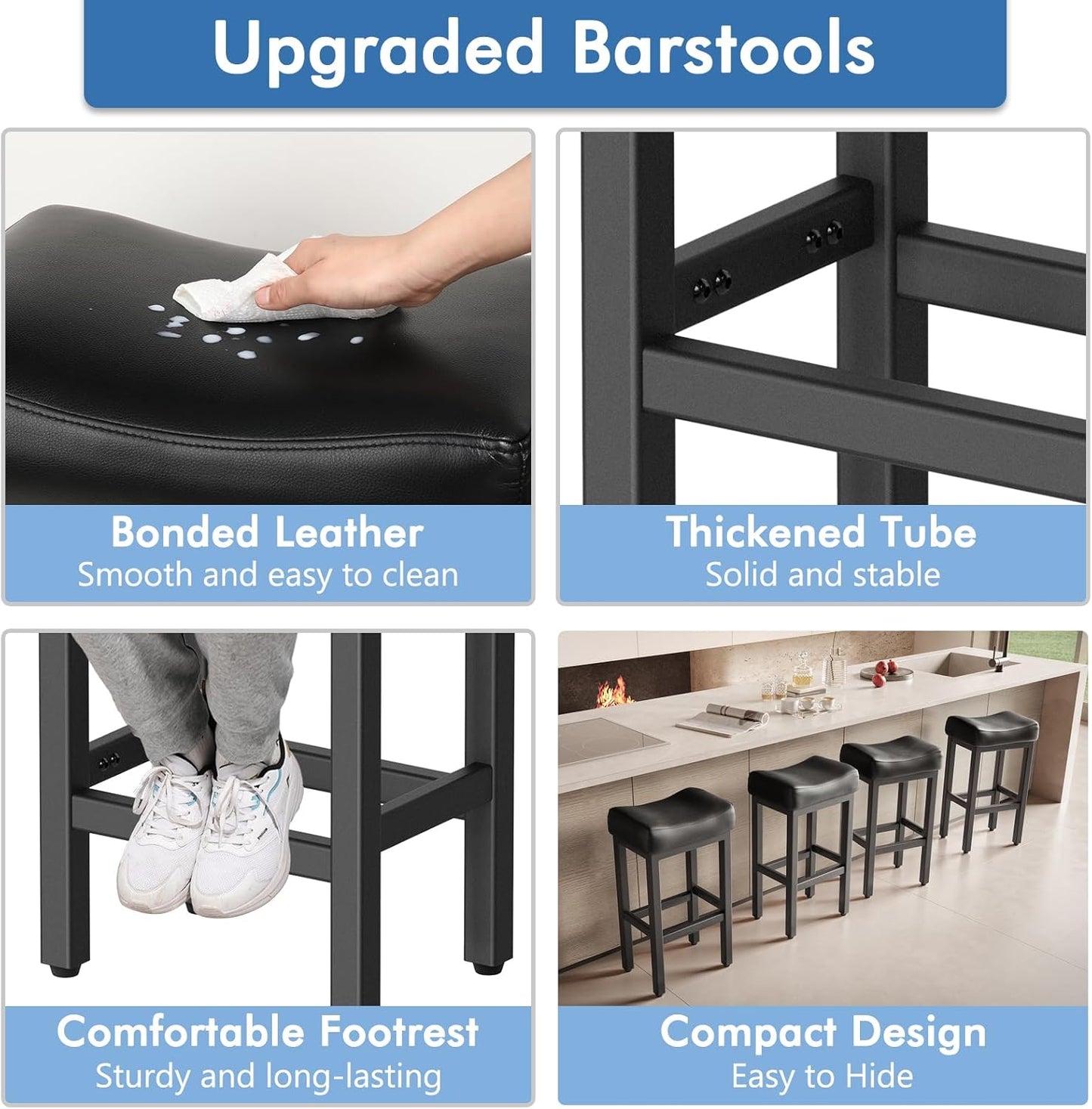 29 Inch Bar Height Bar Stools Set of 2, 29" Barstools for Kitchen Island Counter, Backless Bonded Leather Bar Height Stools with Thick Saddle Seats & Heavy Duty Metal Base, Easy Assembly, All Black