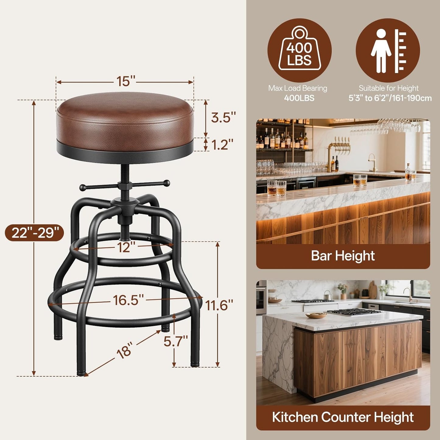 Adjustable Height Swivel Bar Stools Set of 2, 22-29 Inch Industrial Vintage Bar Counter Height Stools with Thicken Premium Bonded Leather Seats & Updated Footrests, Easy Assembly, Brown