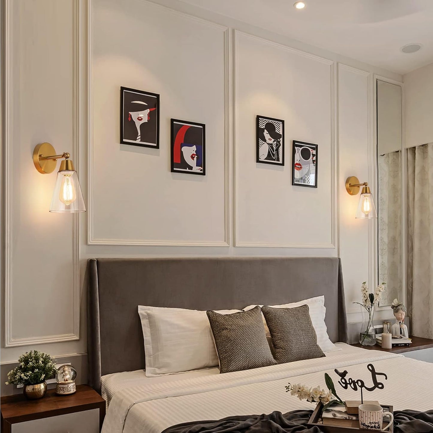 MWZ Gold Wall Sconce Set of 2,Modern Brushed Brass Sconces Lighting with Clear Glass Shade,Bathroom Light Fixtures Over Mirror,Vanity Lights Over Sink,Indoor Wall Mount Adjustable Angle Lamp