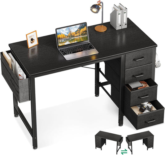 Casaottima 32-Inch Small Computer Desk with 4 Fabric Drawers — Home Office Desks with Storage, Writing Desk with Side Hook and Cloth Bag, Modern Study/Work Table for Bedroom and Small Space, Black