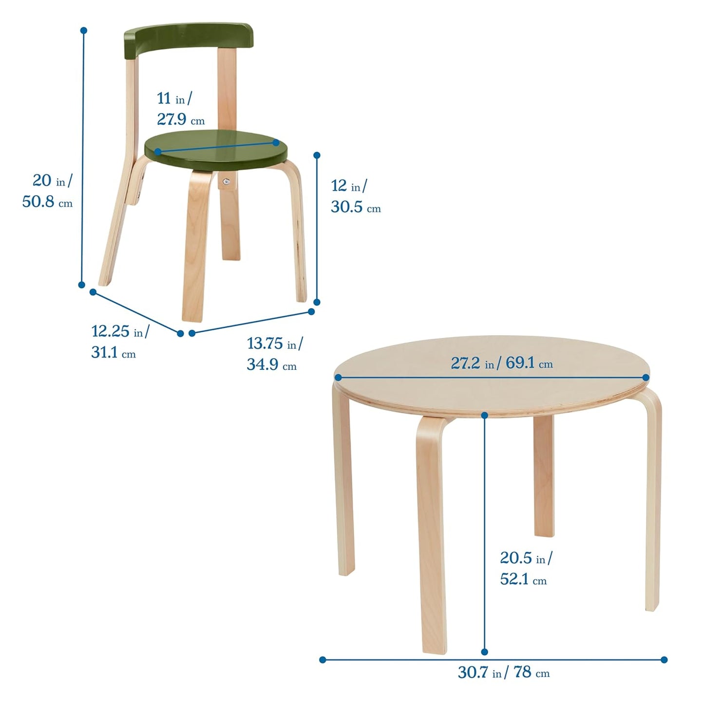 ECR4Kids Bentwood Round Table and Curved Back Chair Set, Kids Furniture, Earthtone, 5-Piece