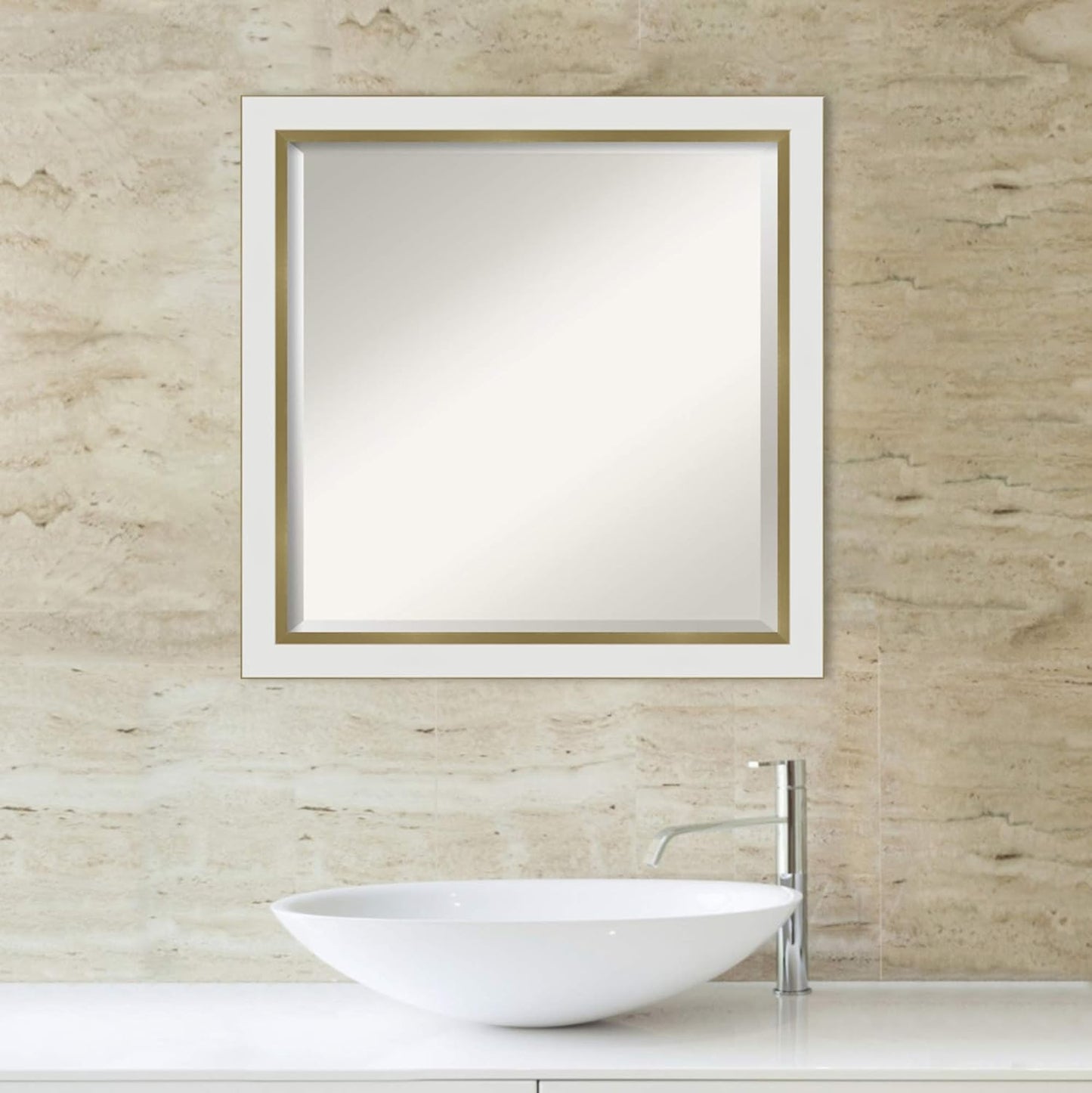 Amanti Art White Bathroom Mirror for Over Sink, 23x23 Eva White Gold Narrow Square Vanity Mirror, Medium Modern Contemporary Frame, Hangs Horizonally and Vertically, Bathroom Wall Decor, Beveled Edge