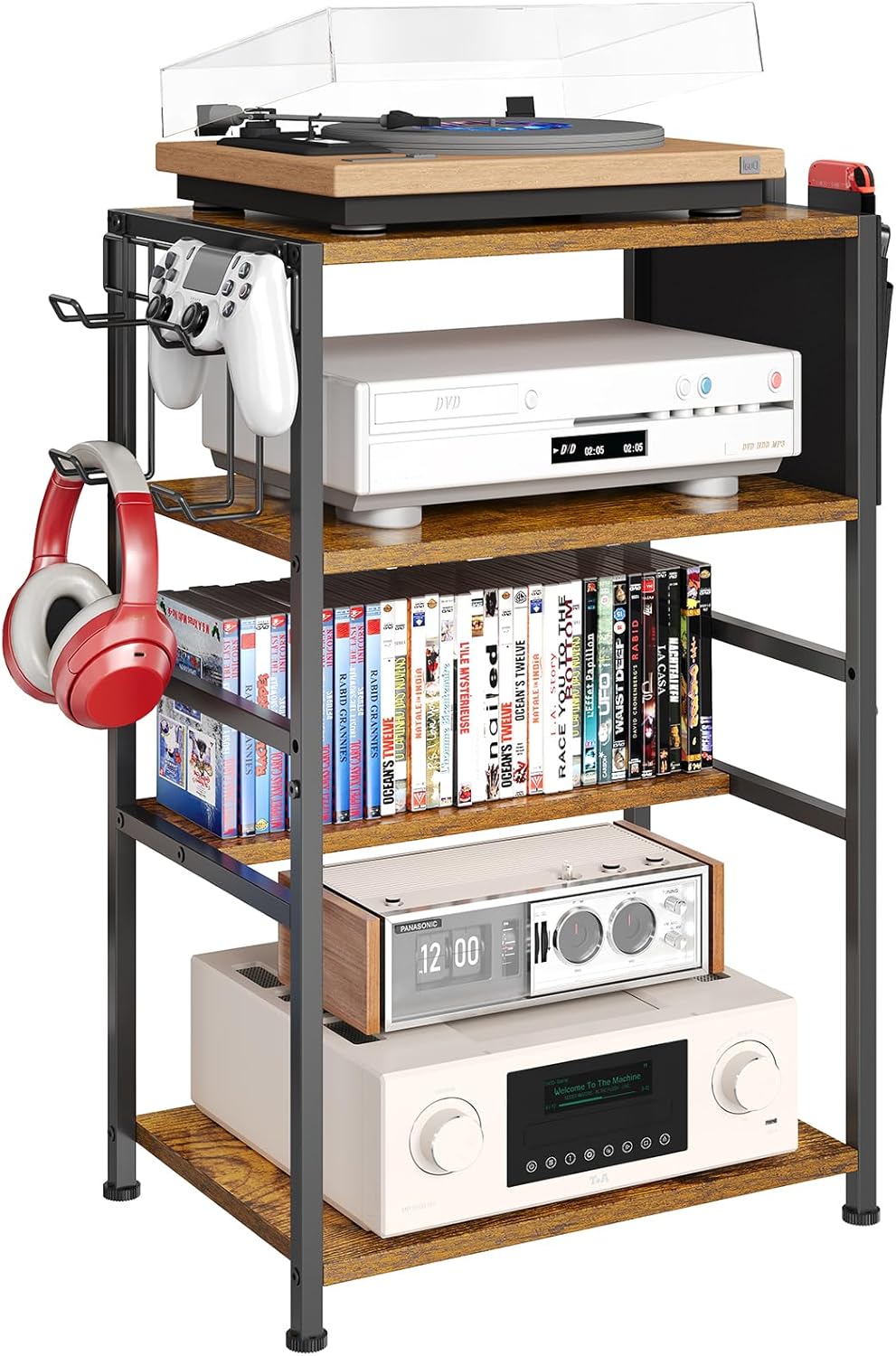 4-Tier AV Media Stand,Game Console Stand with 4 Hooks and Fabric Bags,DVD Shelf,Media Storage Cabinet,Audio Rack Record Player Stand Small Entertainment Center for Home Dorm, Apartment