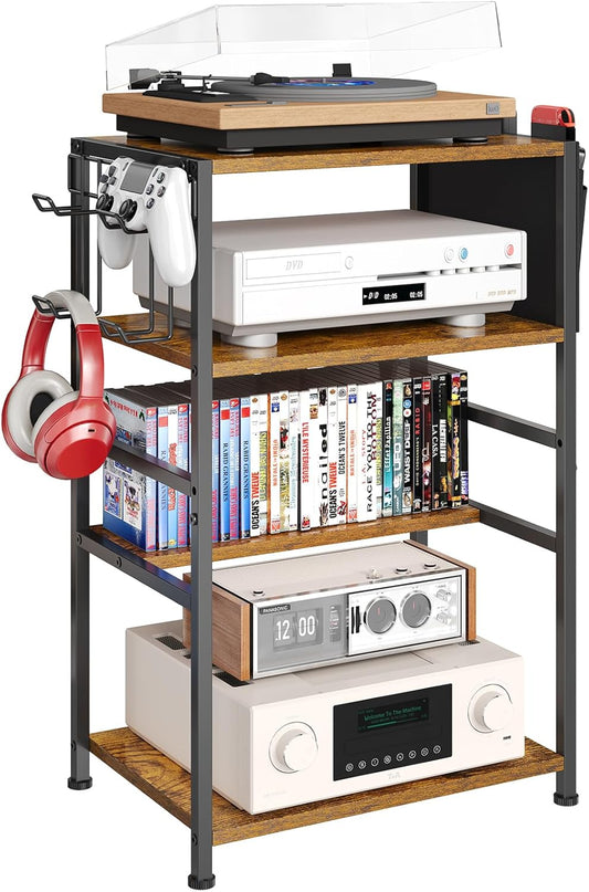 4-Tier AV Media Stand,Game Console Stand with 4 Hooks and Fabric Bags,DVD Shelf,Media Storage Cabinet,Audio Rack Record Player Stand Small Entertainment Center for Home Dorm, Apartment