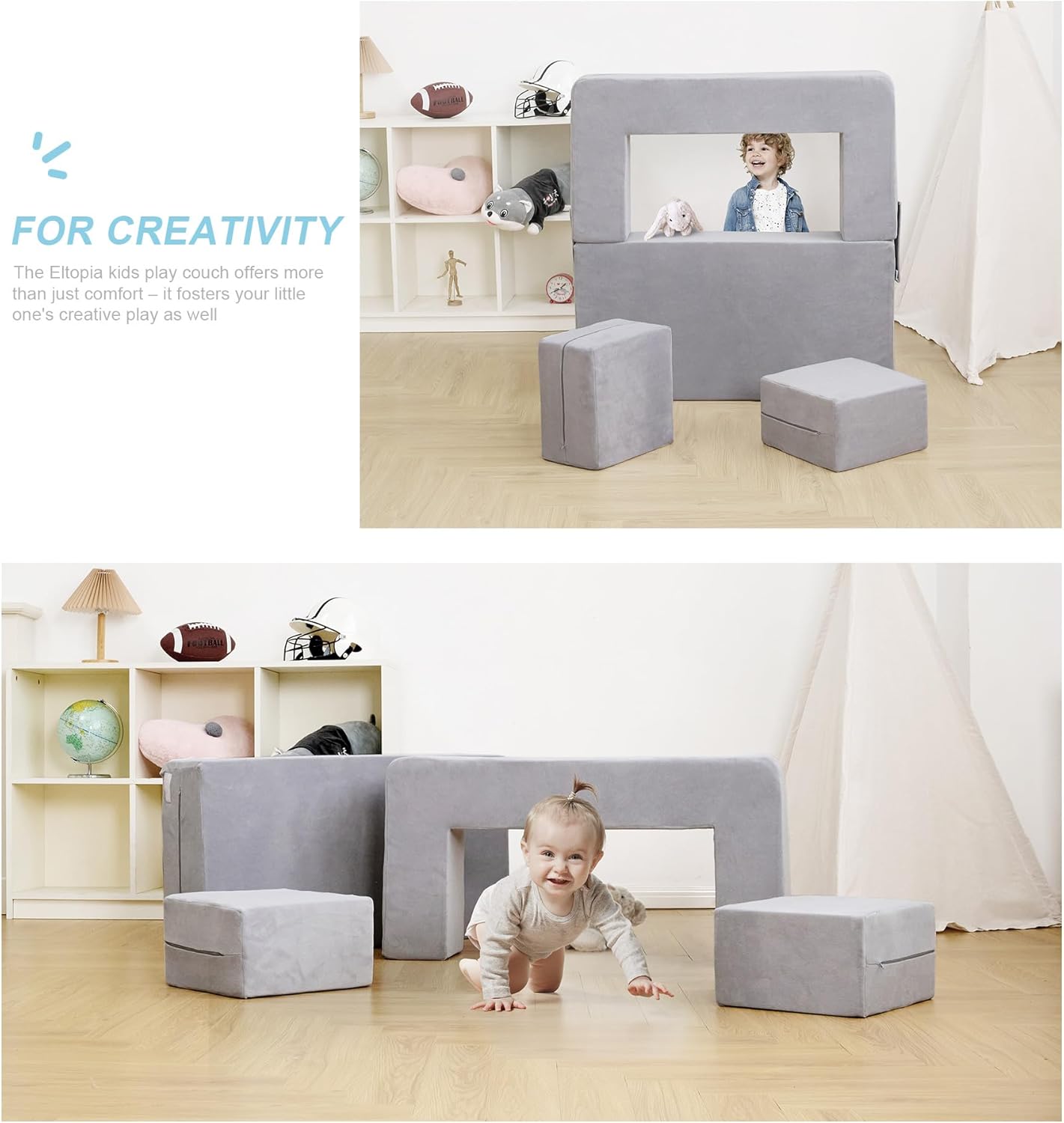 Modular Kids Sofa,Toddler Couch Foam Armchair for Kids, Children Convertible Plush Sofa Play Set,Fold Out SofaBed(Grey)