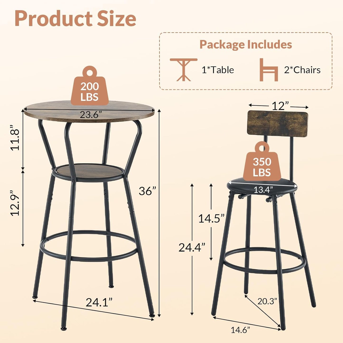 3-Piece Round Bar Table and Chair Set, Small Dining Table for 2, Breakfast Table with 2 Upholstered Stools, Modern Kitchen Bar Table, for Kitchen, Dining Room & Bistro-Rustic Brown