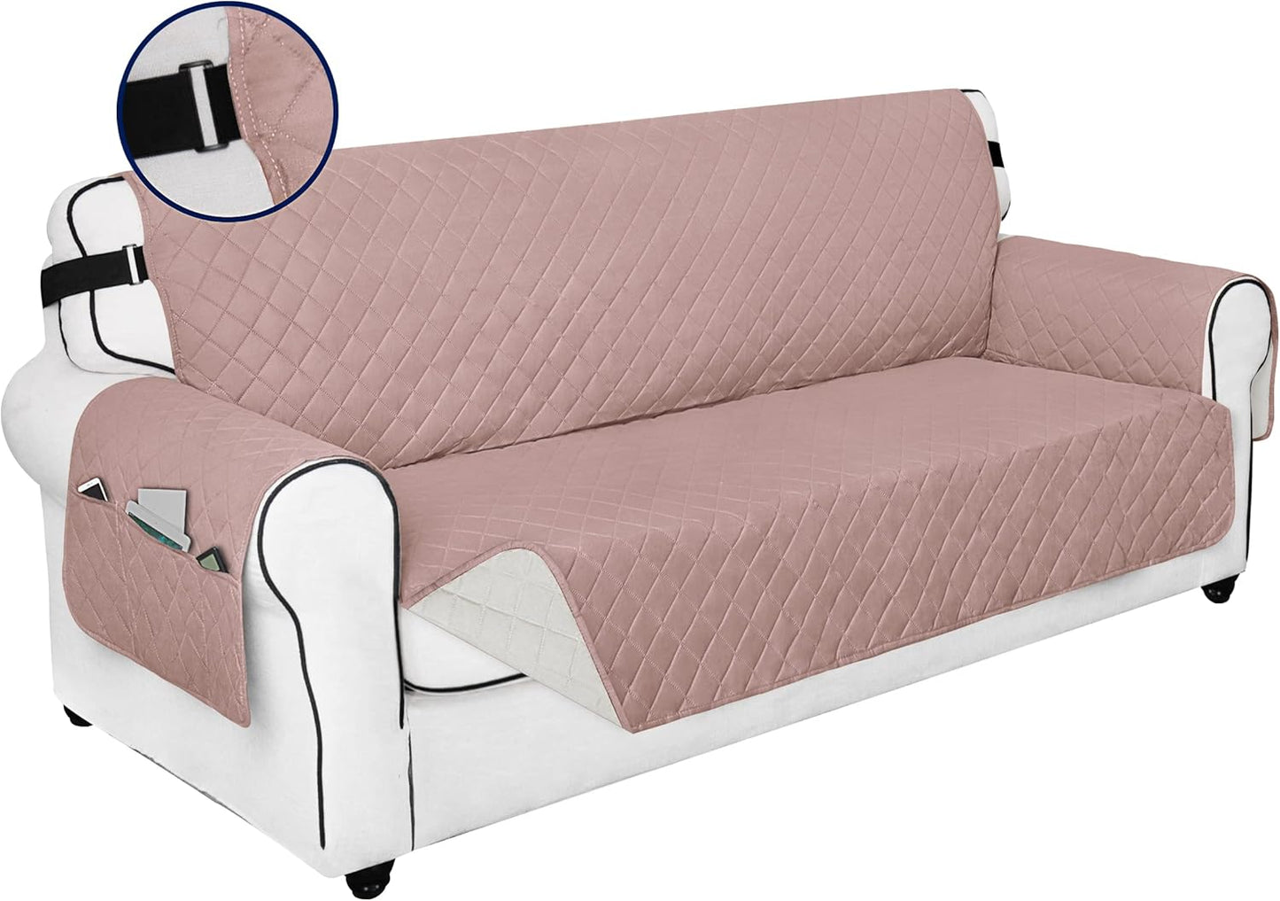PureFit Reversible Sofa Couch Cover Water Resistant Couch Covers for 3 Cushion, Washable Furniture Cover with Non-Slip Foam and Adjustable Strap for Dogs, Pets (Sofa, Pink/Ivory)