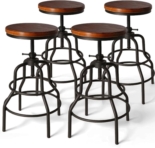 LOKKHAN Vintage Industrial Barstools - 13.8" Dia Round Wooden Brown Seat - Black Metal Base - Adjustable Height: 23.6"-29.5" / Minimalist Design/Raw Rustic Look/Rotating Top Bar Chairs, Set of 4