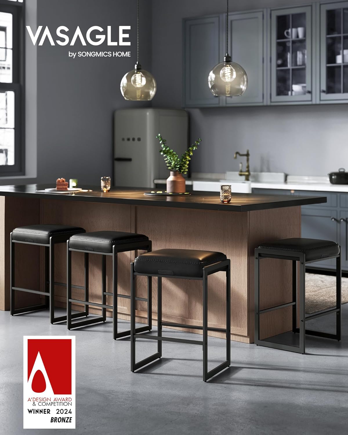 VASAGLE EKHO Collection - Bar Stools Set of 2, Counter Height Bar Stools, Synthetic Leather with Stitching, Mid-Century Modern Counter Stools, 26-Inch Tall, Kichen Home Bar Dining Room, Ink Black