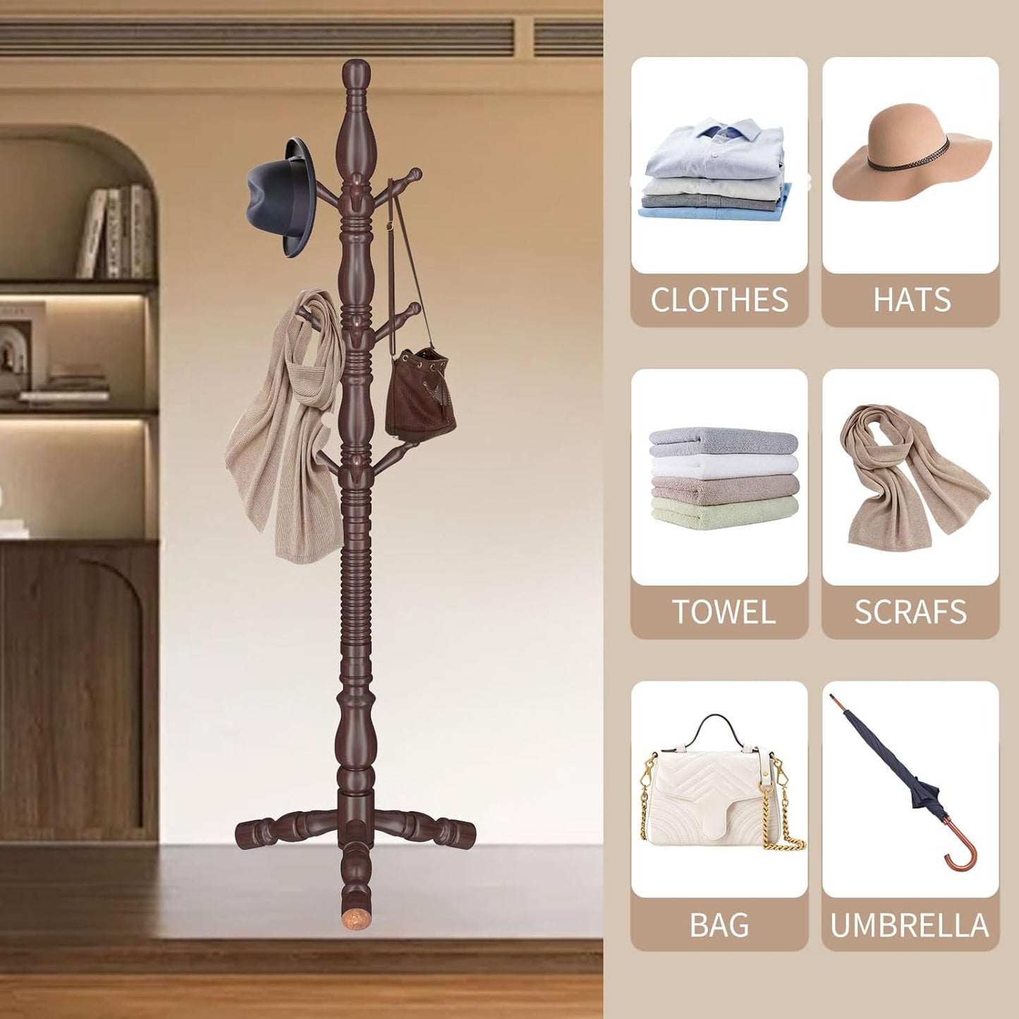 Wooden Coat Rack Stand, Vintage Wood Coat Rack Freestanding with Sturdy Triangle Base,Classic Coat Racks with 9 Hooks, Natural Birch Wood Entryway Coat Hall Tree Hanger Stand