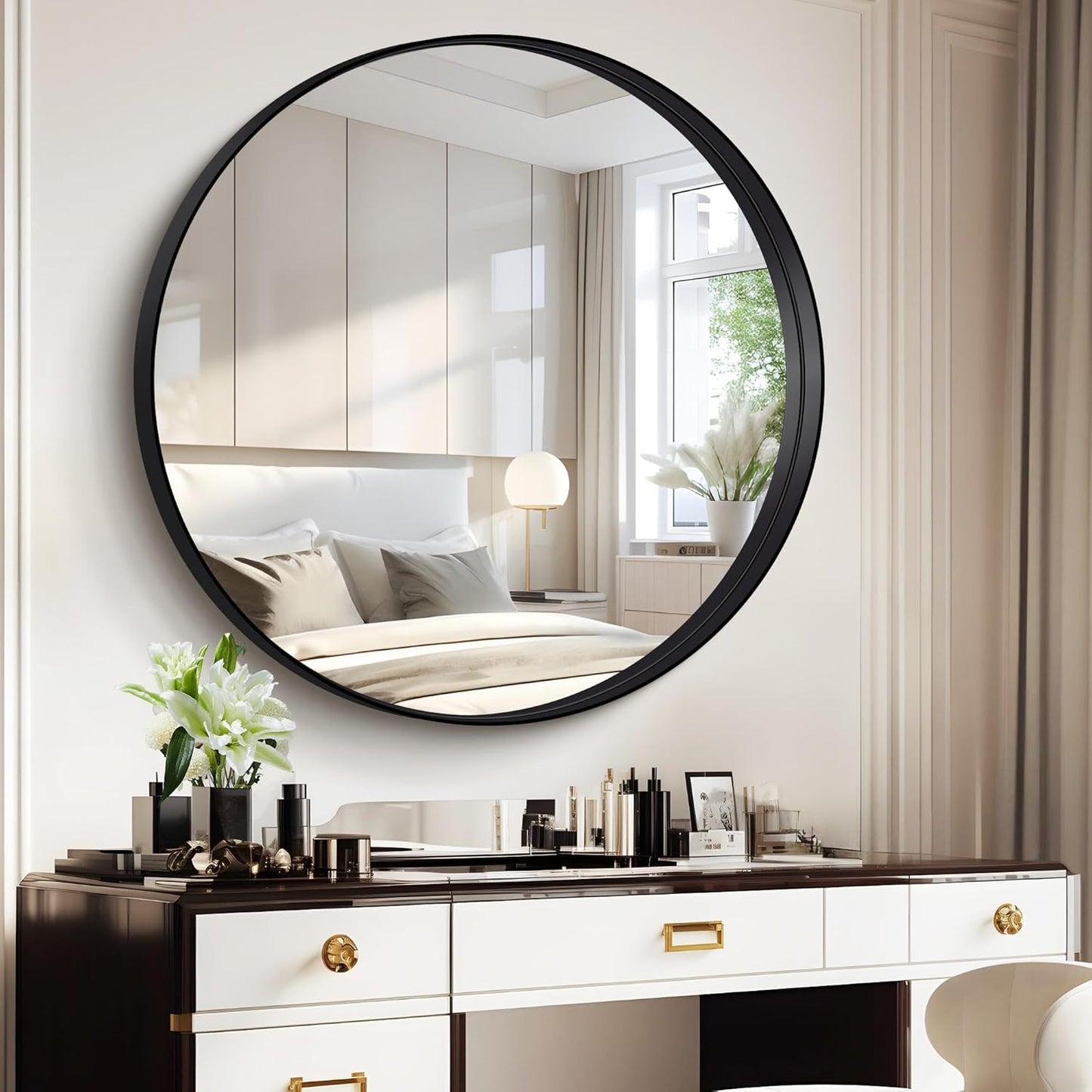 Black Round Mirror 39 inch Deep Frame Circle Mirror,Metal Frame Round Bathroom Mirror, Circle Mirrors for Wall Entryway Washroom Bedroom Living Room Hallway