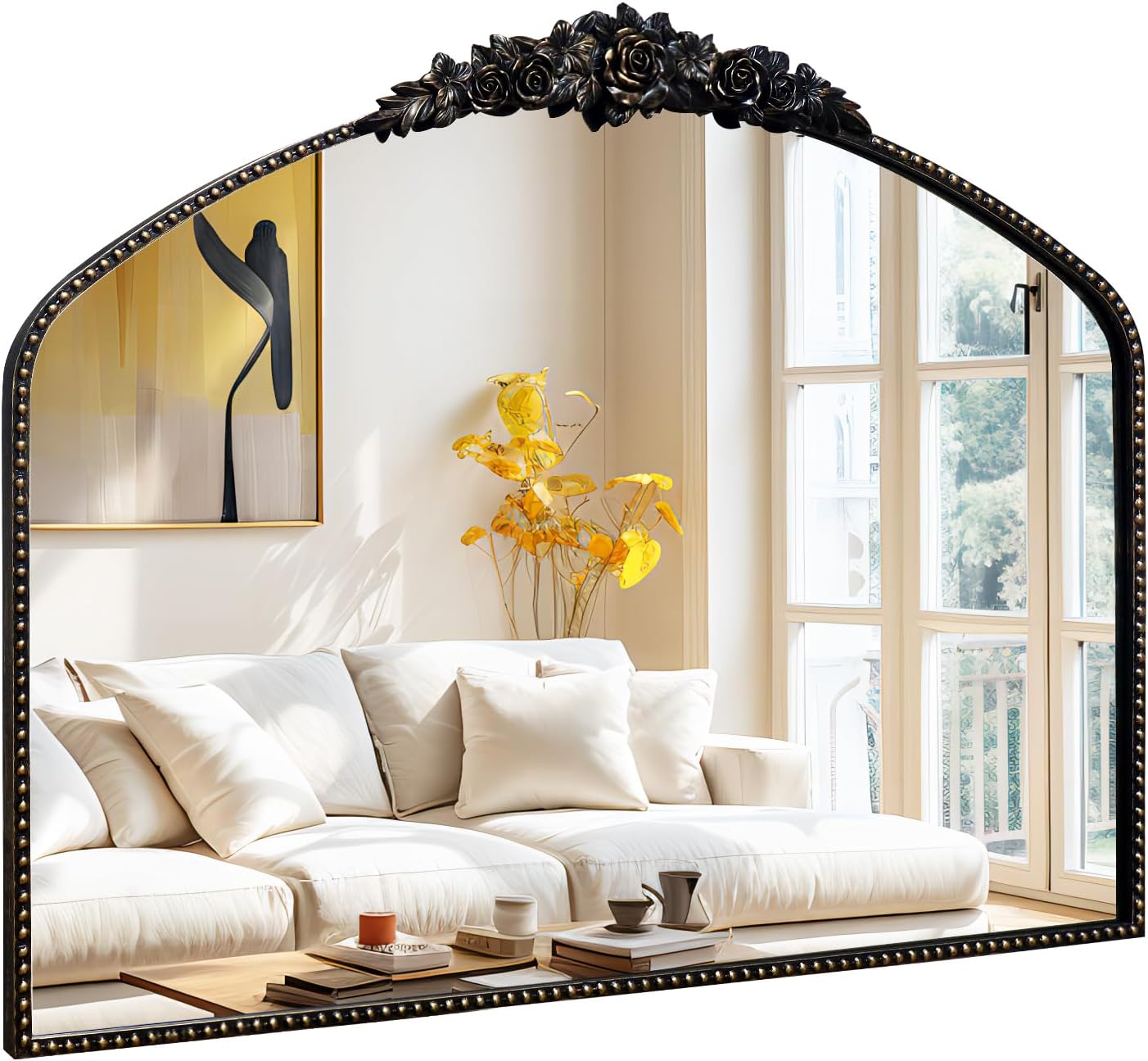 Black Brushed Gold Antique Mirror, 40"x31", Traditional Vintage Mirror with Ornate Metal Frame, Baroque Style for Fireplace, Entryway, Bathroom, Living Room, Hallway