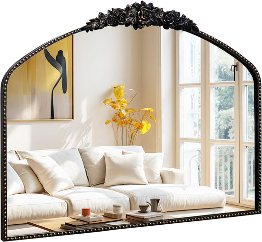 Black Brushed Gold Antique Mirror, 40"x31", Traditional Vintage Mirror with Ornate Metal Frame, Baroque Style for Fireplace, Entryway, Bathroom, Living Room, Hallway