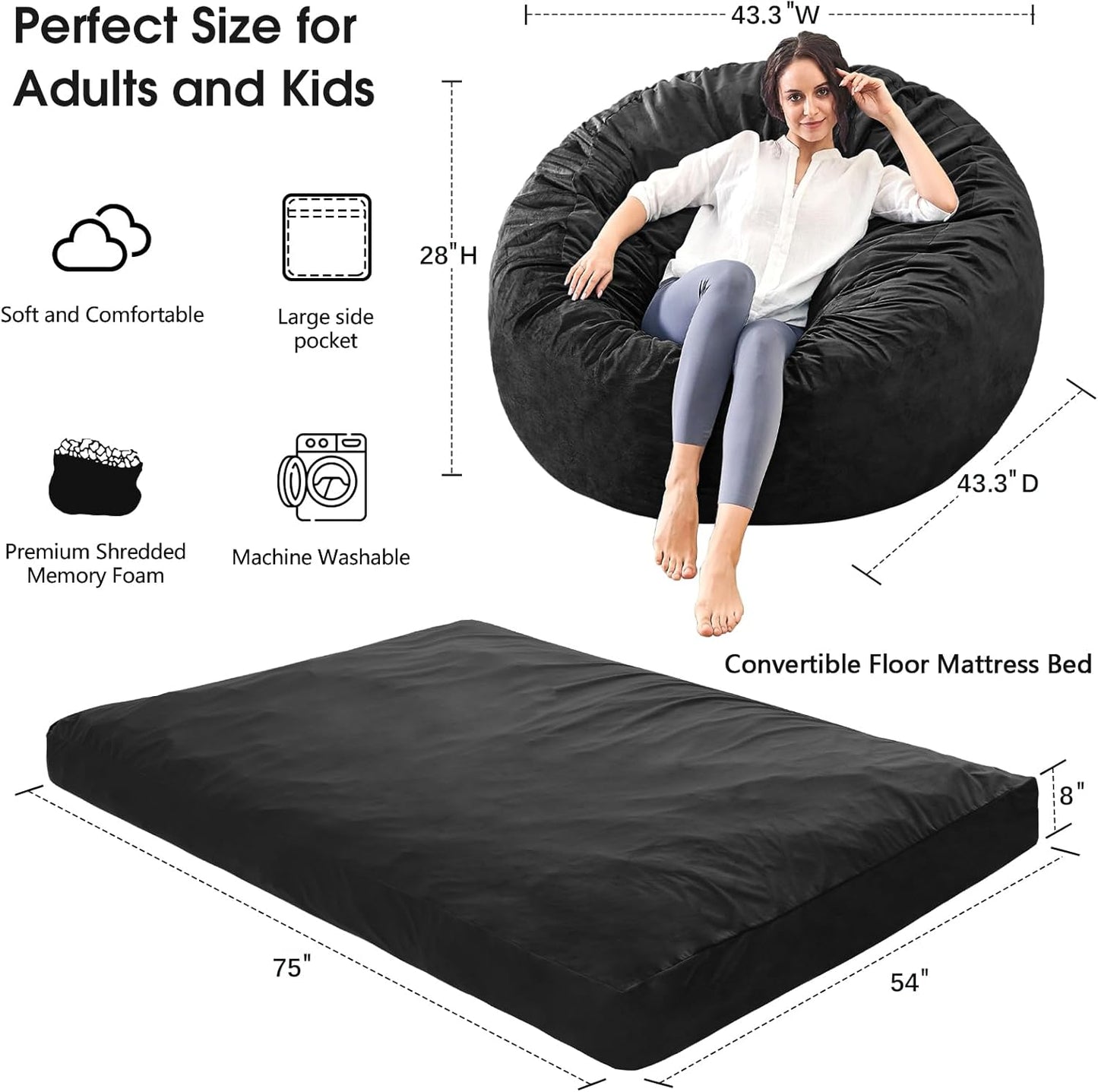 Bean Bag Chairs for Adults - Giant Bean Bag Chair Convertible Bean Bag Bed - Beanbag Chair with Microfiber Cover/Furniture Foam Filler - Floor Couch Sofa in Bedroom Dorm Room - Full Carbon Black