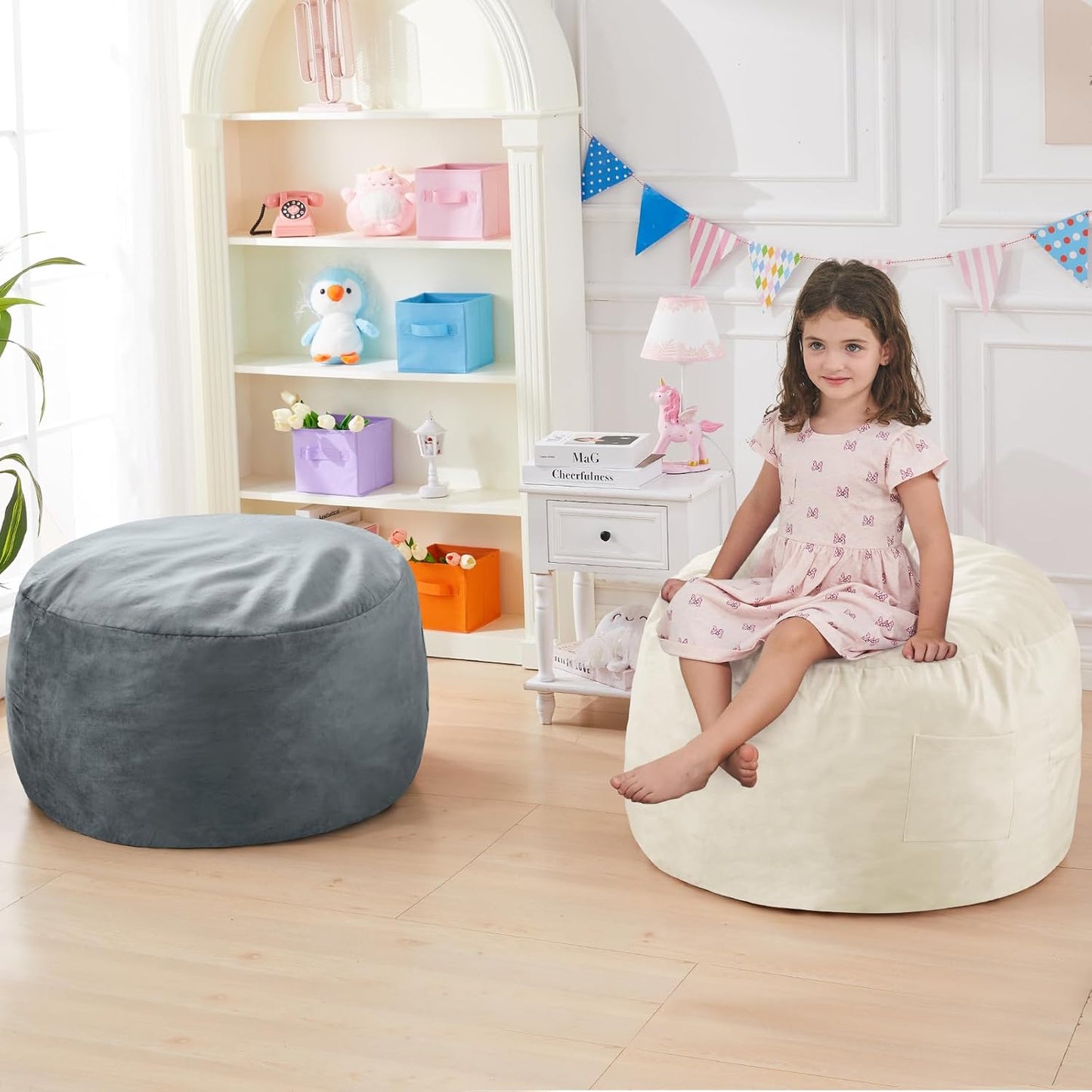 Kids Bean Bag Chair Bed - Convertible Lazy Chair to Floor Mattress with Filler - Small Beanbag Chair for Boys and Girls - Floor Couch Sofa in Bedroom, Classroom, Reading Nook - Beige
