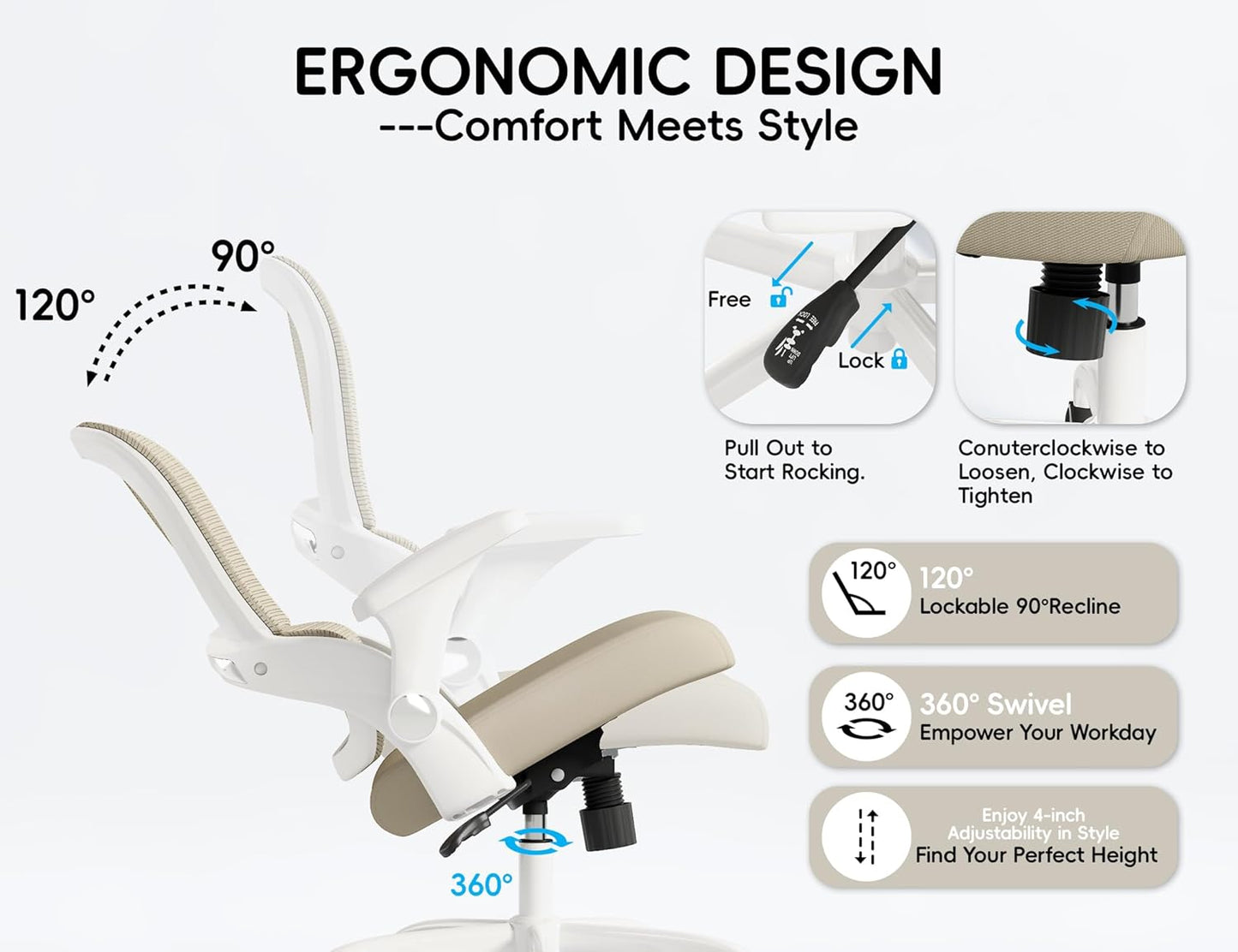 TRALT Office Chair - Ergonomic Office Chair with Back Support, Home Office Desk Chairs, Comfy Desk Chair, Computer Chair, 330lbs Wide Seat Big and Tall Office Chairs for Office Workers (Beige)