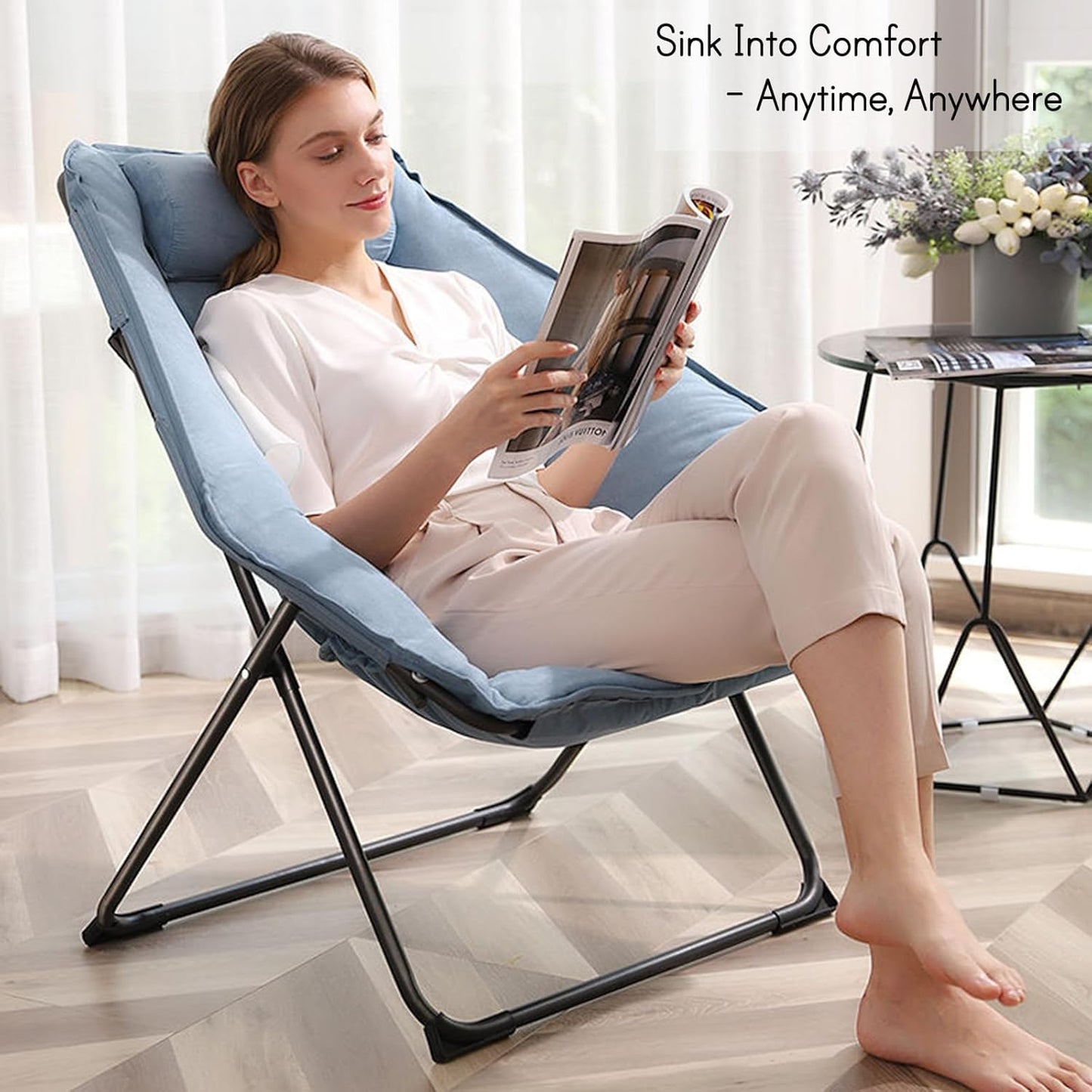 Hexagon Foldable Living Room Chair, Saucer Chair for Adults, Comfy Bedroom Lounge Chair, Moon Chair, Lazy Folding Chair for Dorm Rooms(Chair-Blue)