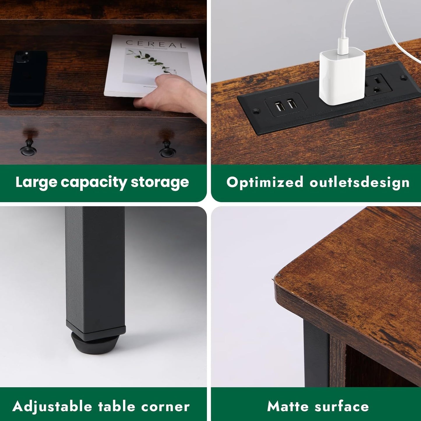 27 Inch Wide Night Stand, Large Wood Night Stand with 2 Drawers, LED Nightstand with Charging Station and Adjustable Drawer, Bedside Table for Living Room/Bedroom/Study/Office, Retro.