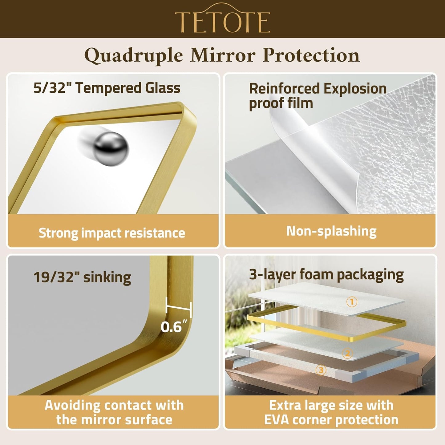 TETOTE 55 x 36 Gold Bathroom Mirror Brushed Gold Metal Framed Vanity Mirror, Tempered Glass, Wall Mounted for Bathroom, Entryway, Bedroom, Living Room(Horizontal/Vertical)