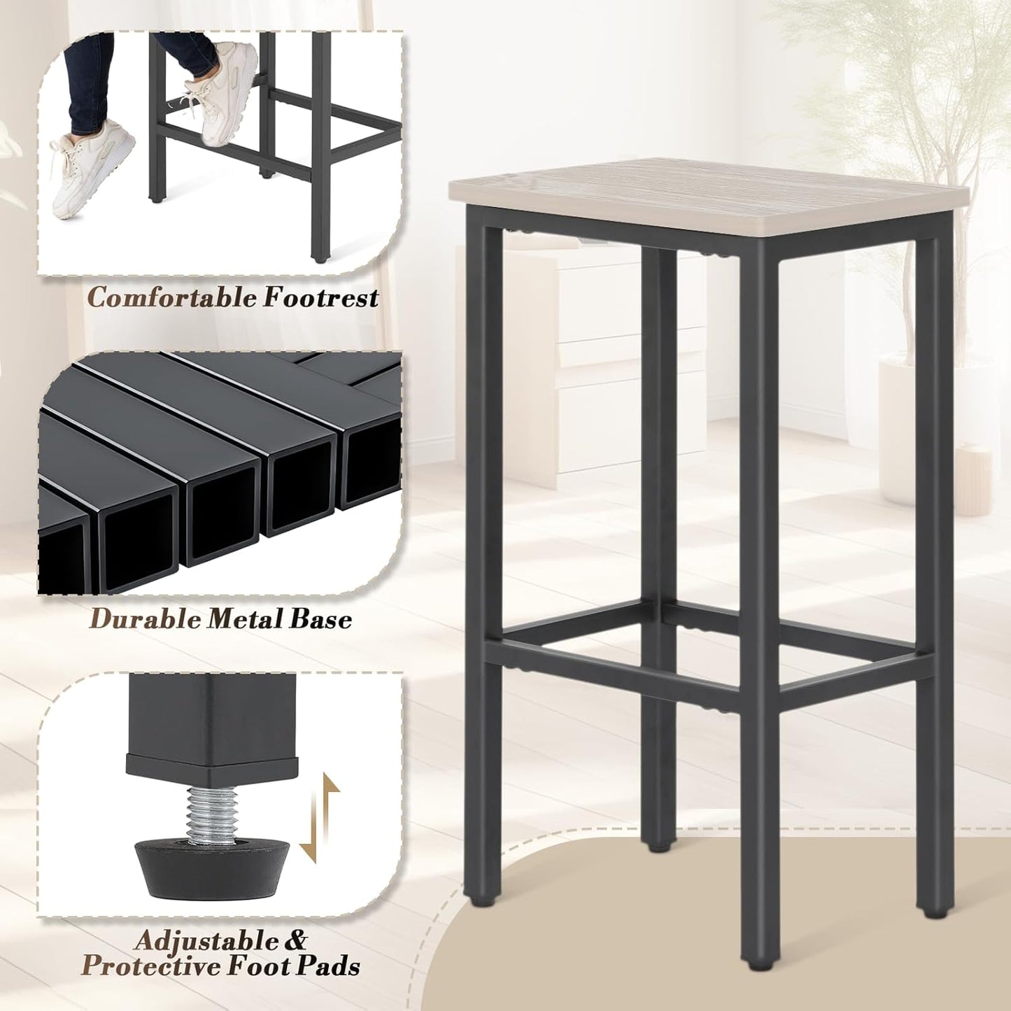 Athena Collection Bar Stools Set of 2, 26 Inches Counter Height Bar Stools Backless with Metal Legs and Footrest, Wood Barstools for Home, Kitchen Island, Counter, Grey