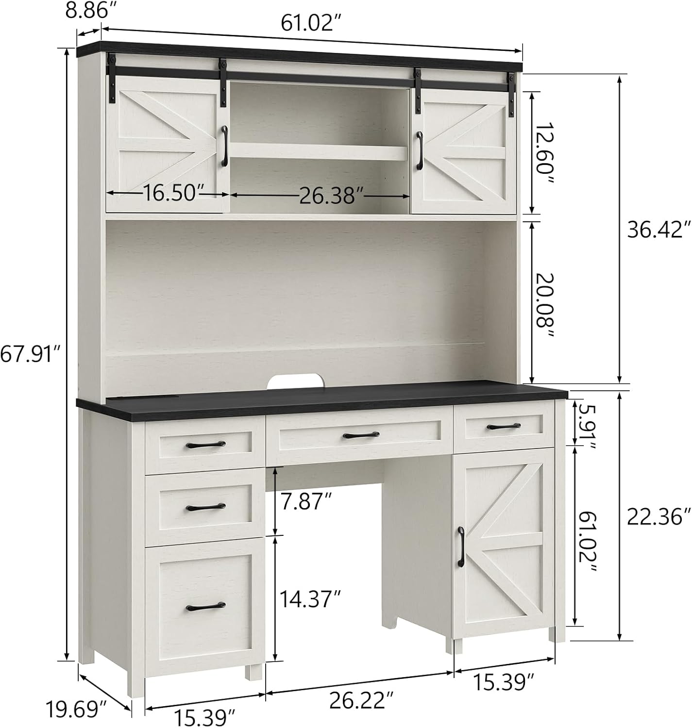 67''H Farmhouse Executive Desk with Hutch & 5 Drawers, Rustic Office Desks Computer Desks with Charging Station, File Drawers and Storage Cabinets, Wood Workspace for Home Office & Study,Black.