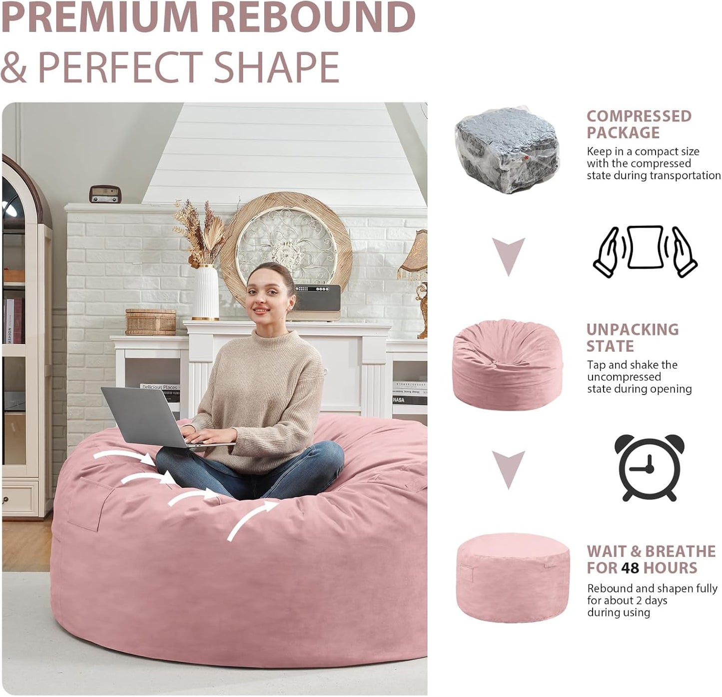3FT Bean Bag Chair, Comfy Bean Bag Chairs with Memory Foam Filled, Fluffy Beanbag Sofa with Dutch Velvet Cover, Round BeanBag Chairs for Living Room, Playroom - Light Pink