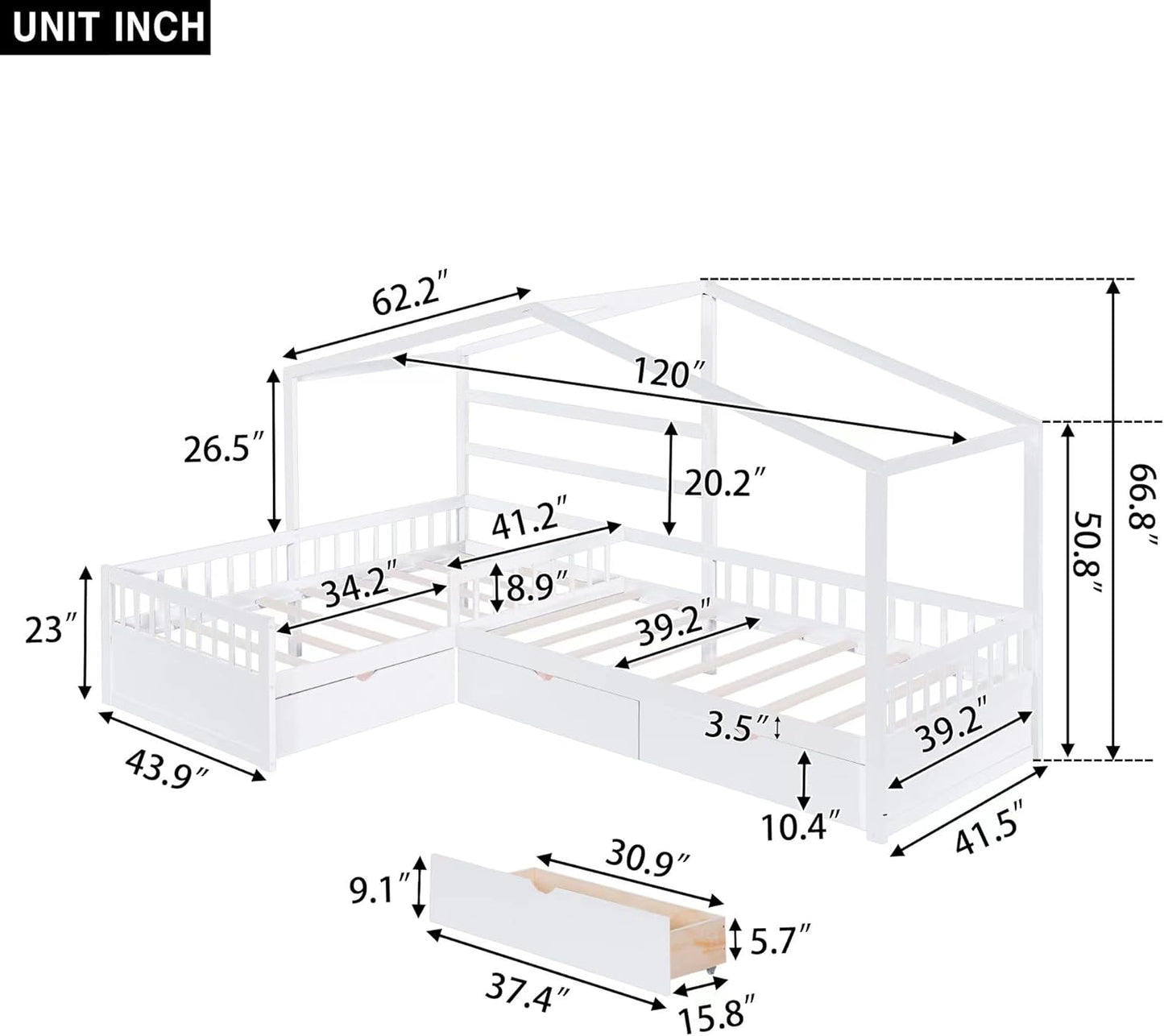Twin Size House Platform Bed with Three Storage Drawers,Double Shared-Bed,2 in 1 Bed,L-Shaped Platform Bed for Boys Girls Shared Beds,Perfect complement to Any Small Space,White