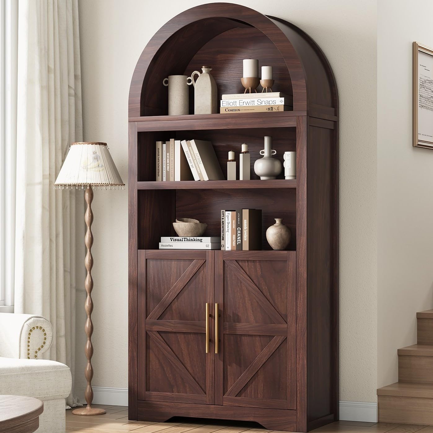 Arched Bookshelf Bookcase China Pantry Storage Cabinet with Doors and Shelves,Kitchen Pantry Cabinet,71“ Tall Food Pantry Furniture for Living Room, Dining Room (Brown)